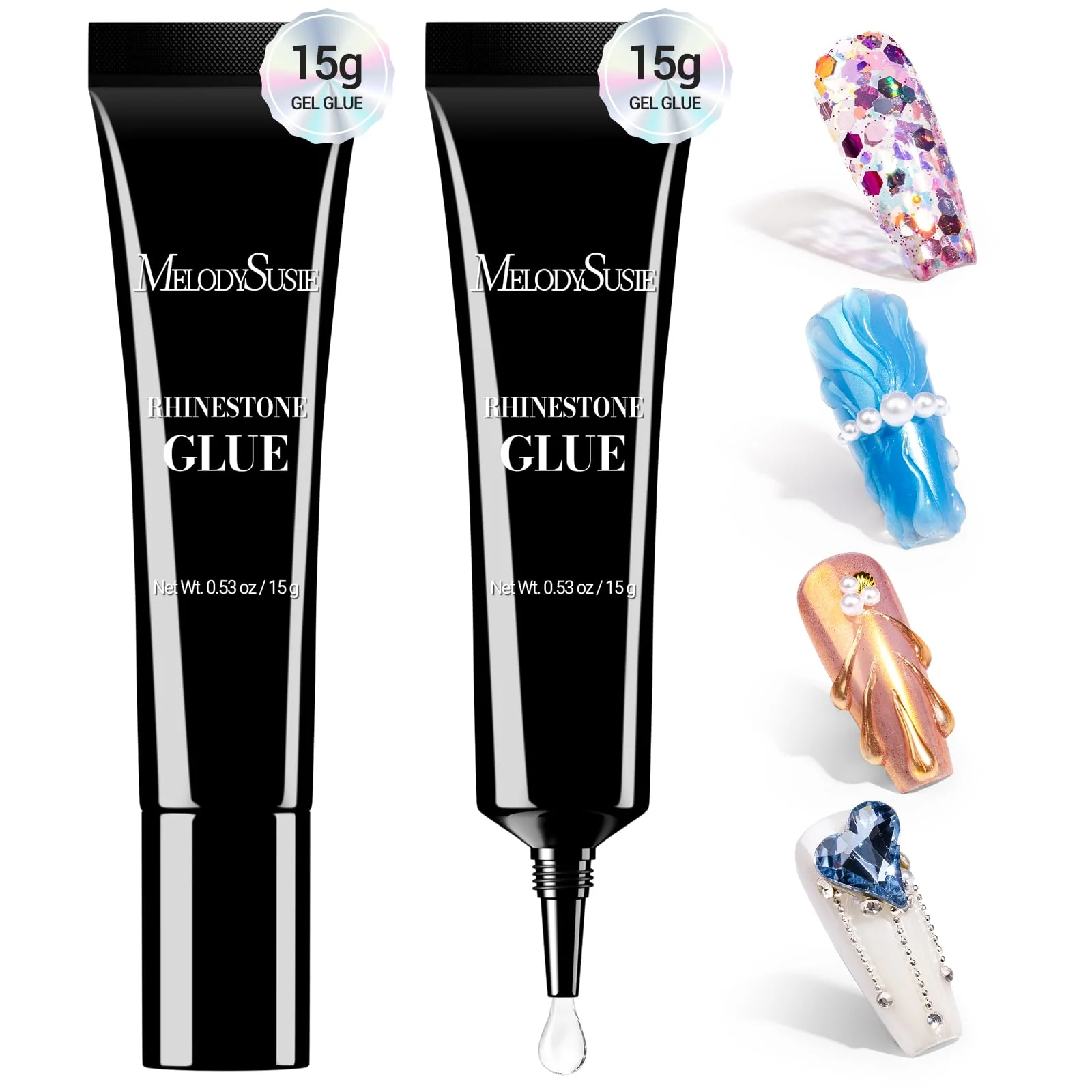 Healthy MelodySusie 2Pcs Nail Rhinestone Glue for Nails Super Strong Gel for Nail Charms Gems 3D Nail Gel UV Nail Glue for Nail Art Design Nail Chrome Powder Eco-Friendly