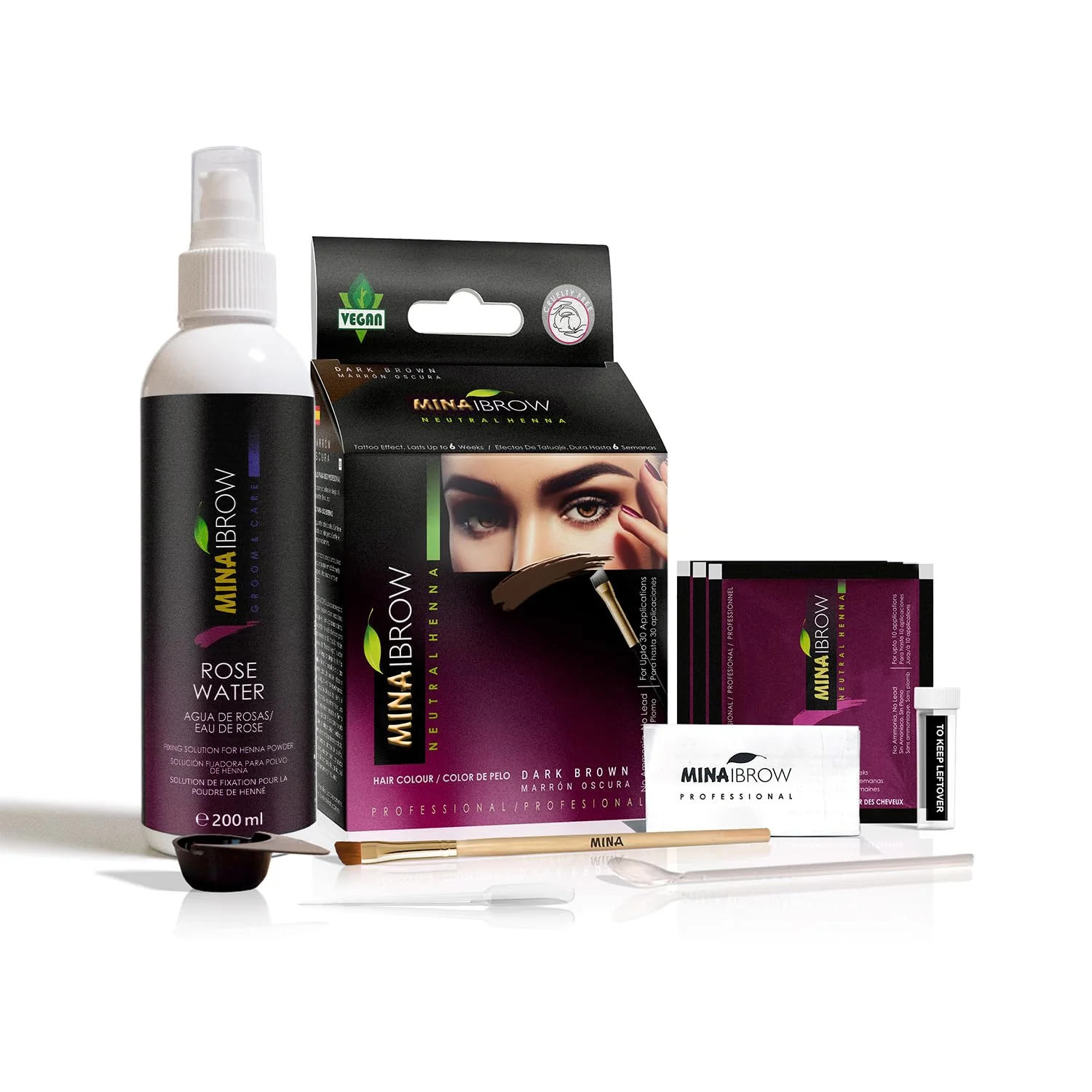 Organic MINA iBrow Henna Hair Color Professional Tint Kit with Rose Water Covers Gray Hair-Lasts up to 6 weeks No Ammonia No Lead Vegan Cruelty Outstanding