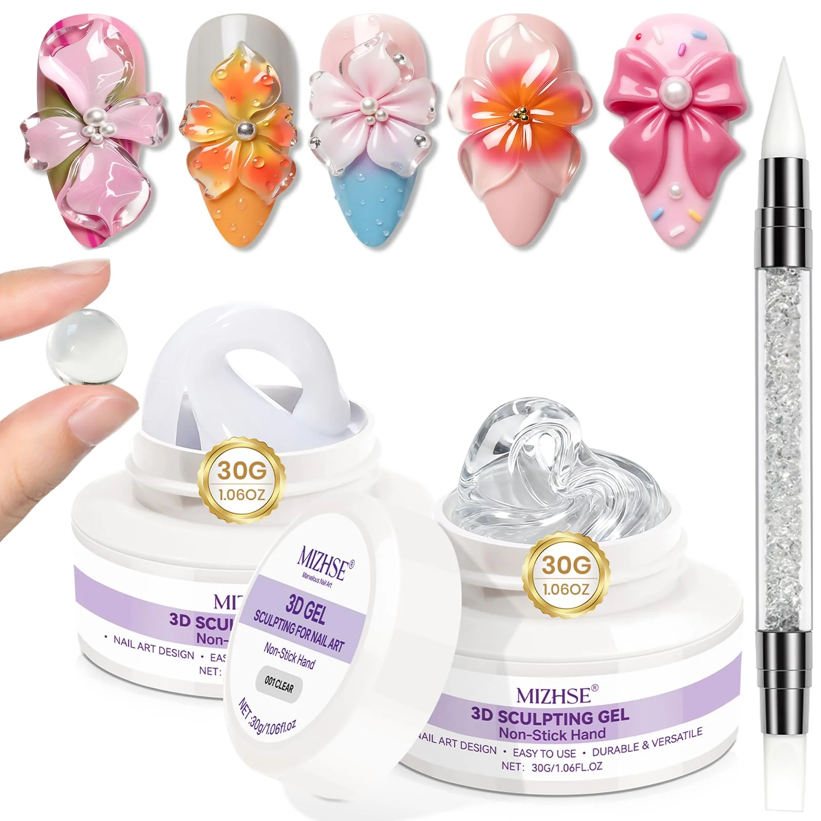 Practical MIZHSE 2Pcs 3D Nail Gel Sculpting Gel Set Clear White with Sculpture Pen Enhanced
