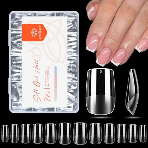 Safe modelones Short Square Nail Tips Pre-shaped Soft Gel Tips Fake Nails False Acrylic Clear Full Cover Press on Extension Gel Kit Manicure DIY at Home Lightweight