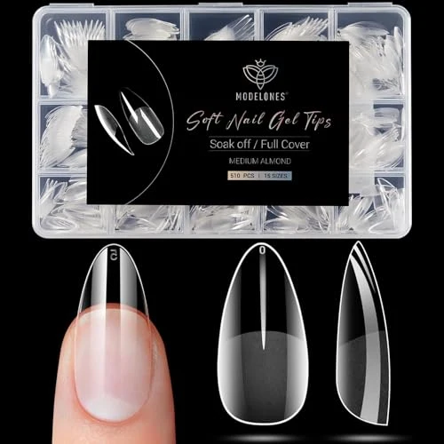 Secure Modelones Almond Fake Nail Tips -510Pcs Medium Soft Gel Nail Tips Almond Shape Pre Etched Half Matte Full Cover Clear Acrylic Gel Kit False Press on Detailed