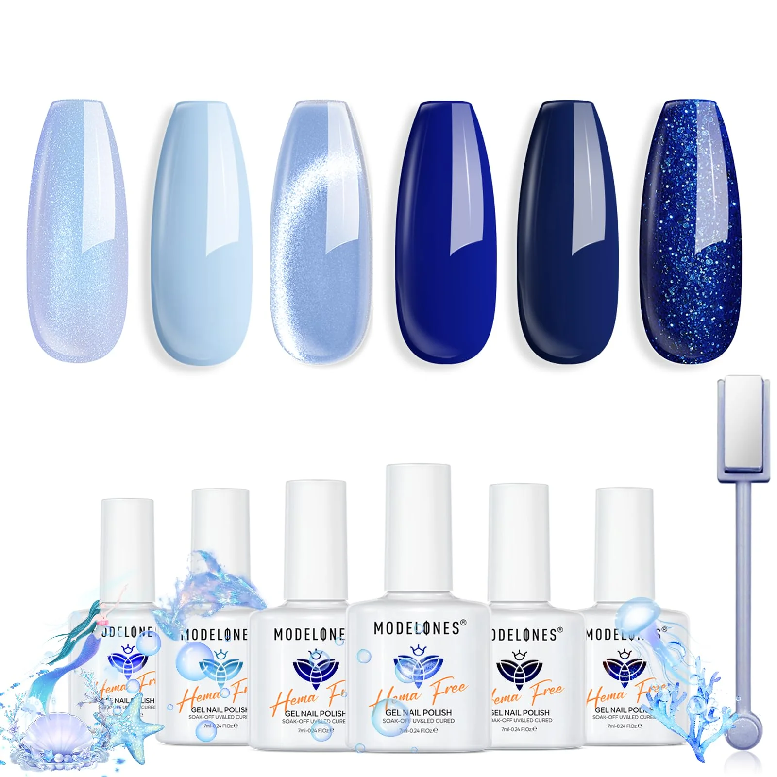 Enhanced modelones Blue Gel Nail Polish 6 Colors Spring Summer Hema Pastel Royal Navy Sky Icy Klein Dark Blue Glitter Gel Polish Galaxy 9D Cat Eye Nail Excellent
