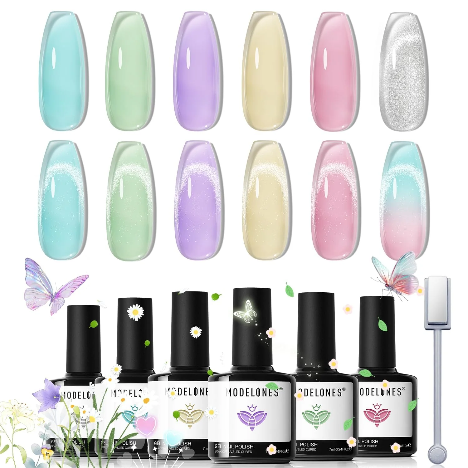 Next-Generation modelones Gel Nail Polish Set 6 Colors 2026 Spring Summer Silver Cat Eye Gel Polish Translucent Pastel Sheer Pink Yellow Lavender Purple Baby Blue Excellent