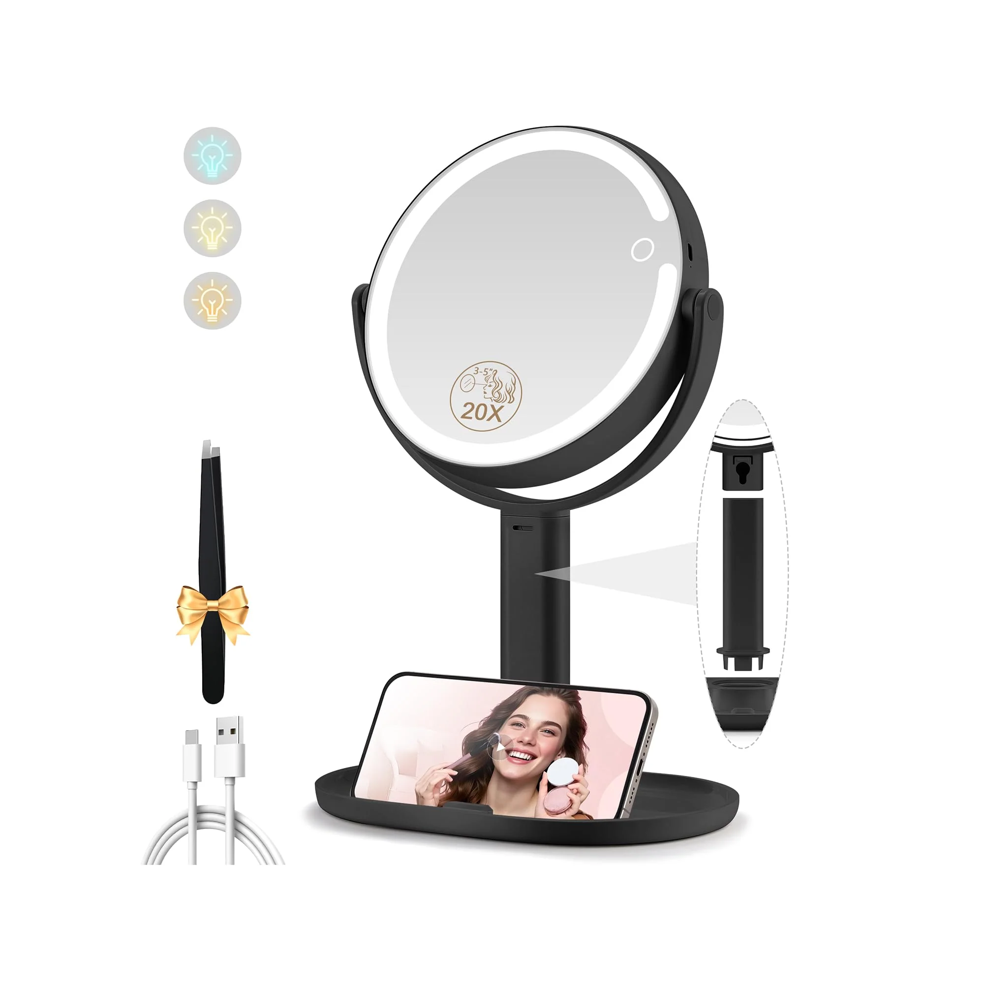 Organic MOMOKUBA Makeup Mirror with Lights 20X Magnifying Mirrors Height Adjustable Vanity Mirror with Lights Rechargeable 3 Color Modes Double-Sided Sophisticated