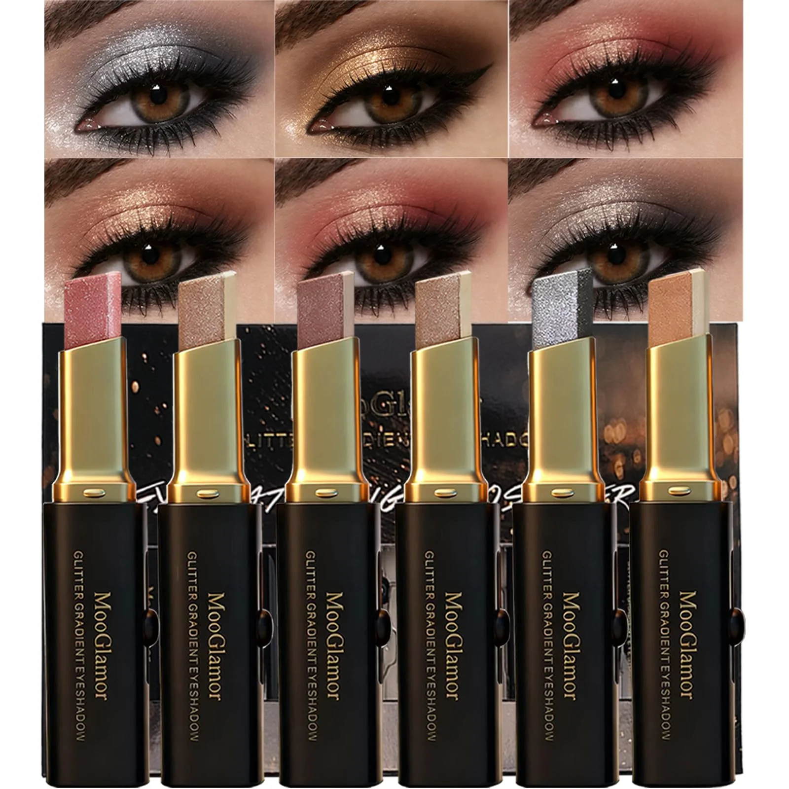 Unique MooGlamor 6 Pcs Glitter Eye Shadow Stick Shimmer Eye Shadow Set with Two-Color Gradient and Waterproof Eyeshadow Pen for Long Lasting Eye Makeup Gift Recyclable
