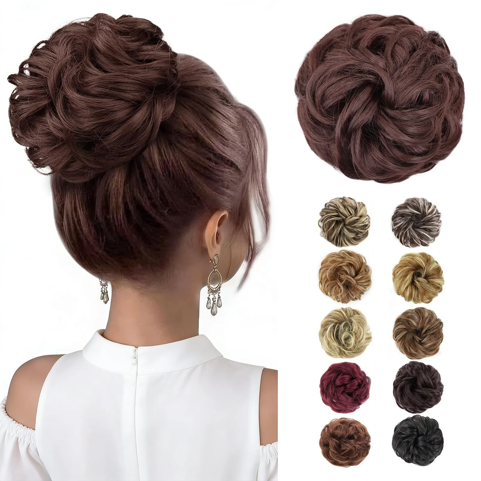 Contemporary MORICA Messy Hair Bun Hair Scrunchies Extension Curly Wavy Hair Synthetic Chignon Hairpieces for Women Dark Auburn Flexible
