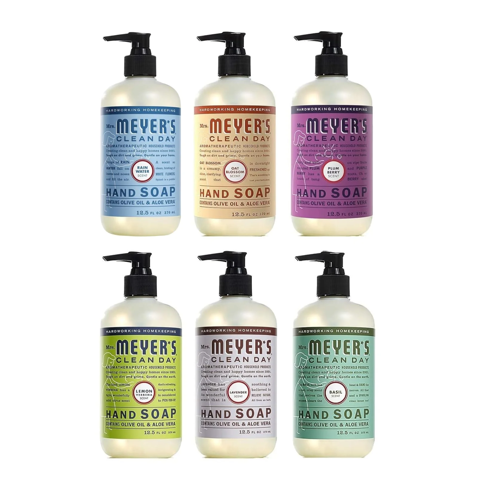 High-Performance Mrs. Meyer's Clean Day Liquid Hand Soap 6 Scent Variety Lavender Rainwater Oat Blossom Plumberry Lemon Verbena Basil 12.5 oz 6 Count Detailed