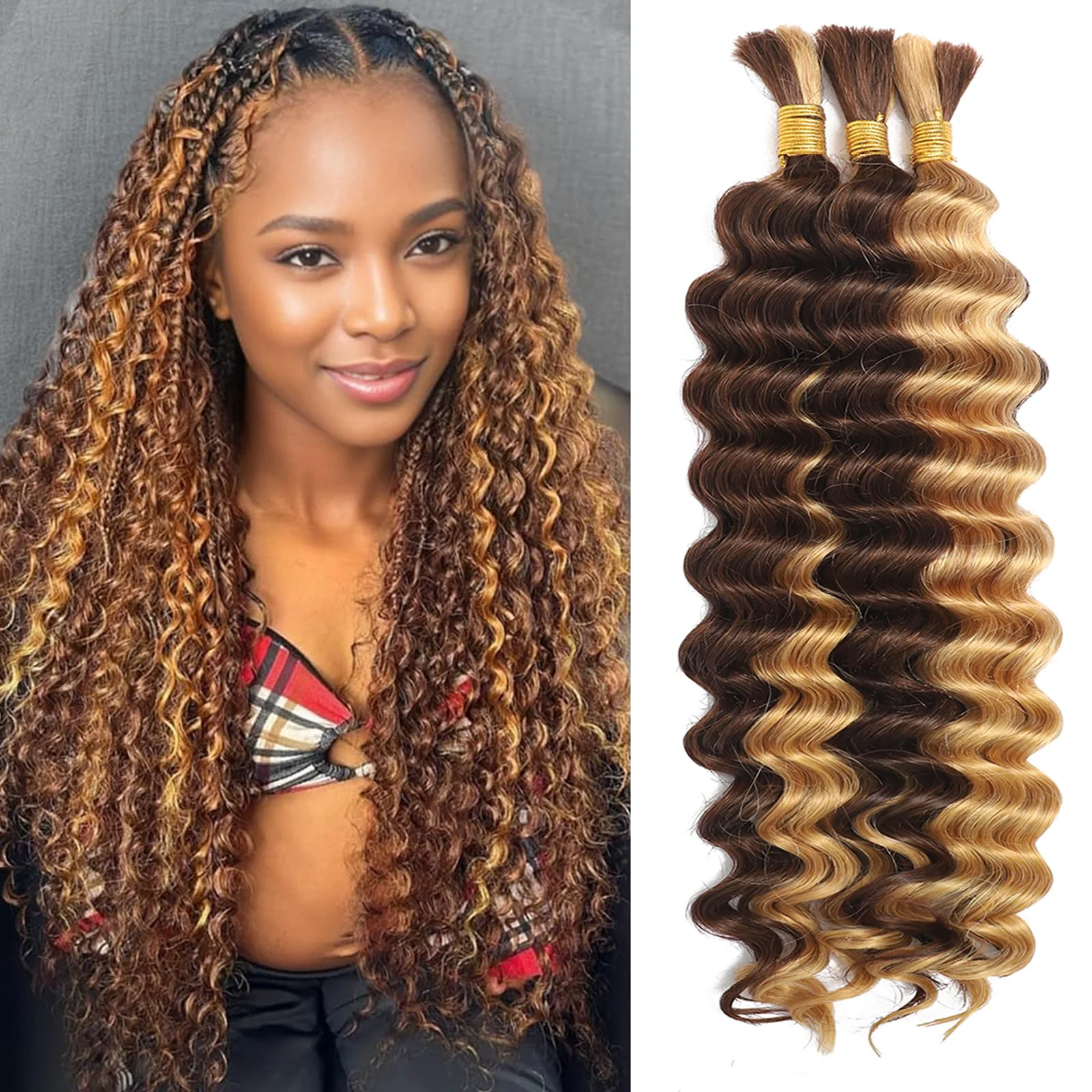 Genuine Human Braiding Hair for Boho Braids Human Hair 3 Bundles Pack 110g 22 Inch Deep Wave Bulk Human Hair for Braiding Curly Knotless 12A Brazilian Virgin Functional