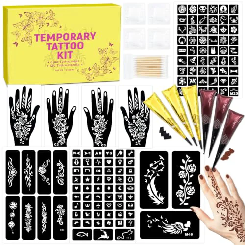 Powerful MuseLuxe 126 PCS Temporary Tattoos Stencils Kit Temporary Tattoos Kit - 6 Pcs 2 Color Brown Black Ink with Gloves DIY Body Art Painting for Women Men Next-Generation