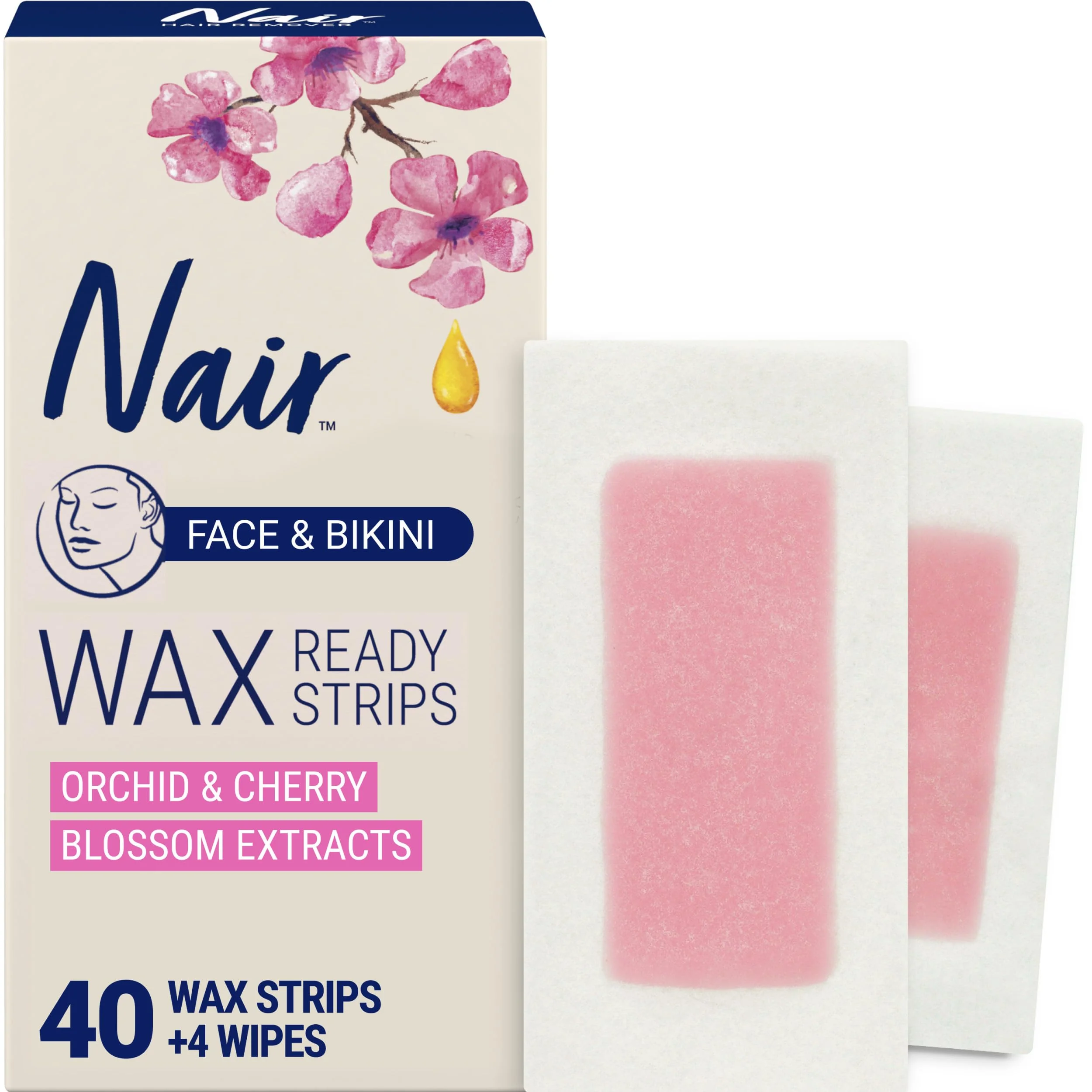 Solid Nair Hair Remover Wax Ready Strips Face and Bikini Hair Removal Wax Strips Orchid and Cherry Blossom Extracts Dermatologist Tested Plus 4 Post Versatile