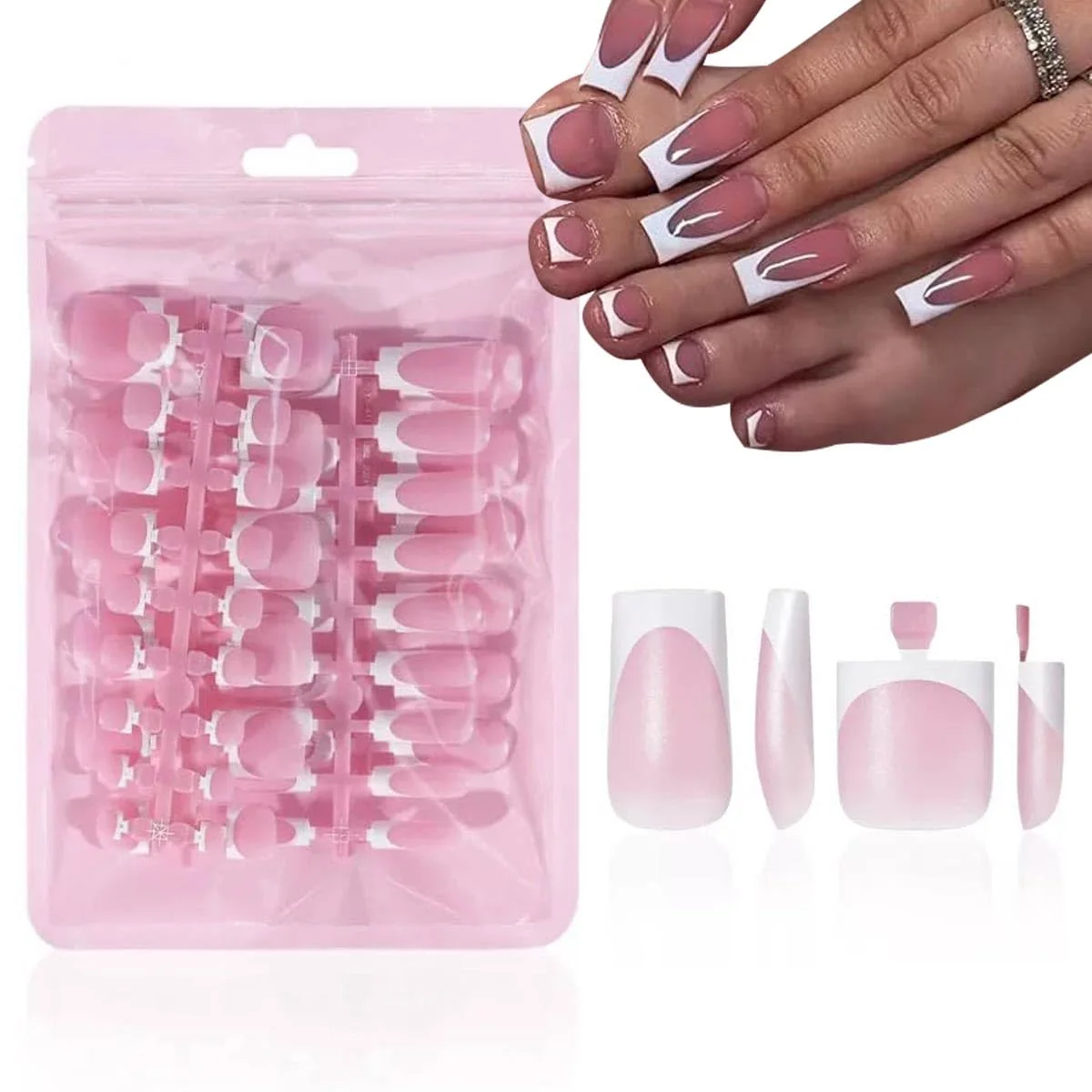 Official NHIXK 60Pcs Medium Press on Nails White French Tip Press on Toenails Square Fake Nais Full Cover Stick on False Nails for Women User-Friendly
