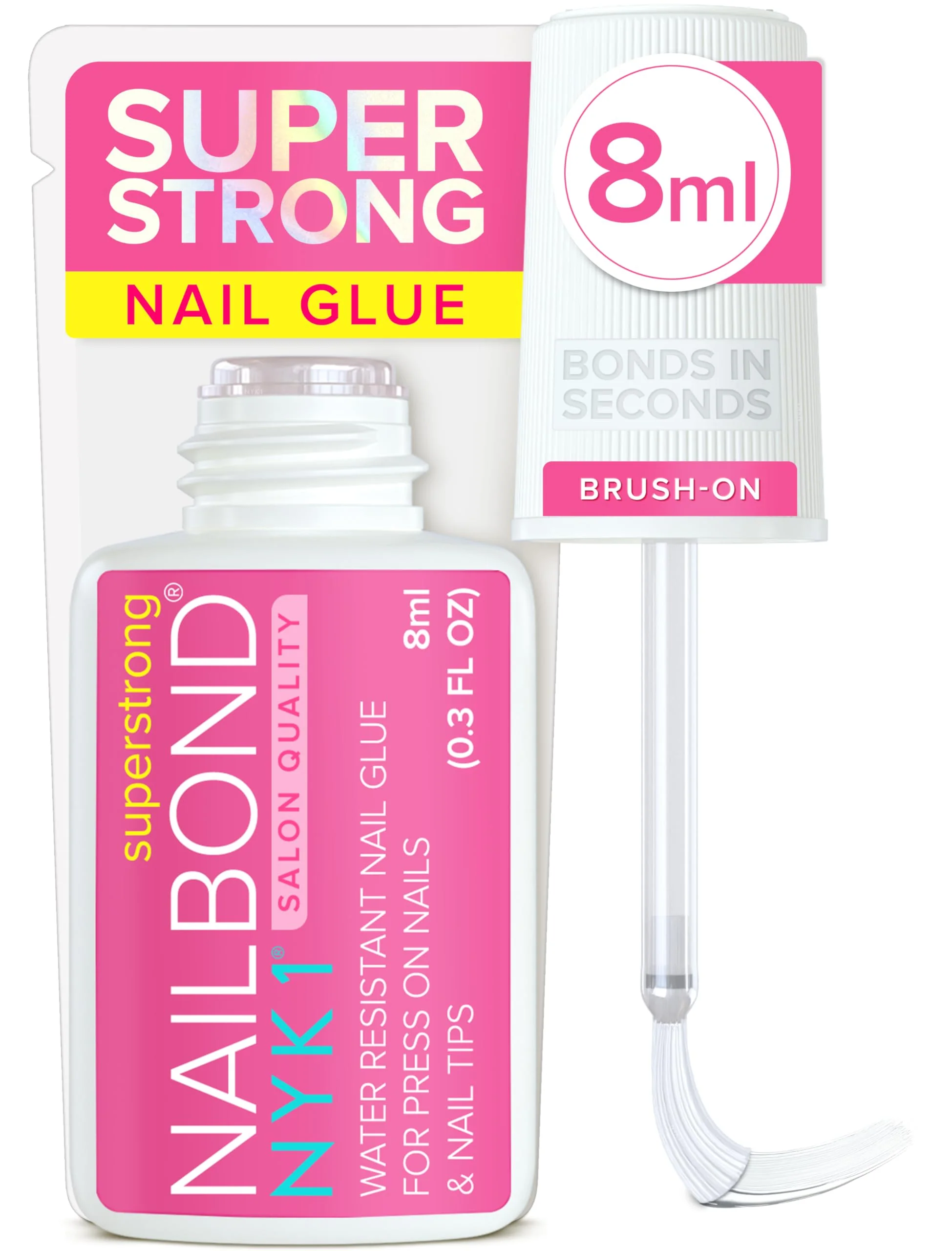 First-Class Super Strong Nail Glue for Press On Nails Nail Tips Acrylic Nails 8ml NYK1 NailBond Brush On Glue for Press Ons Tips Acrylics - Long Lasting Top-Quality