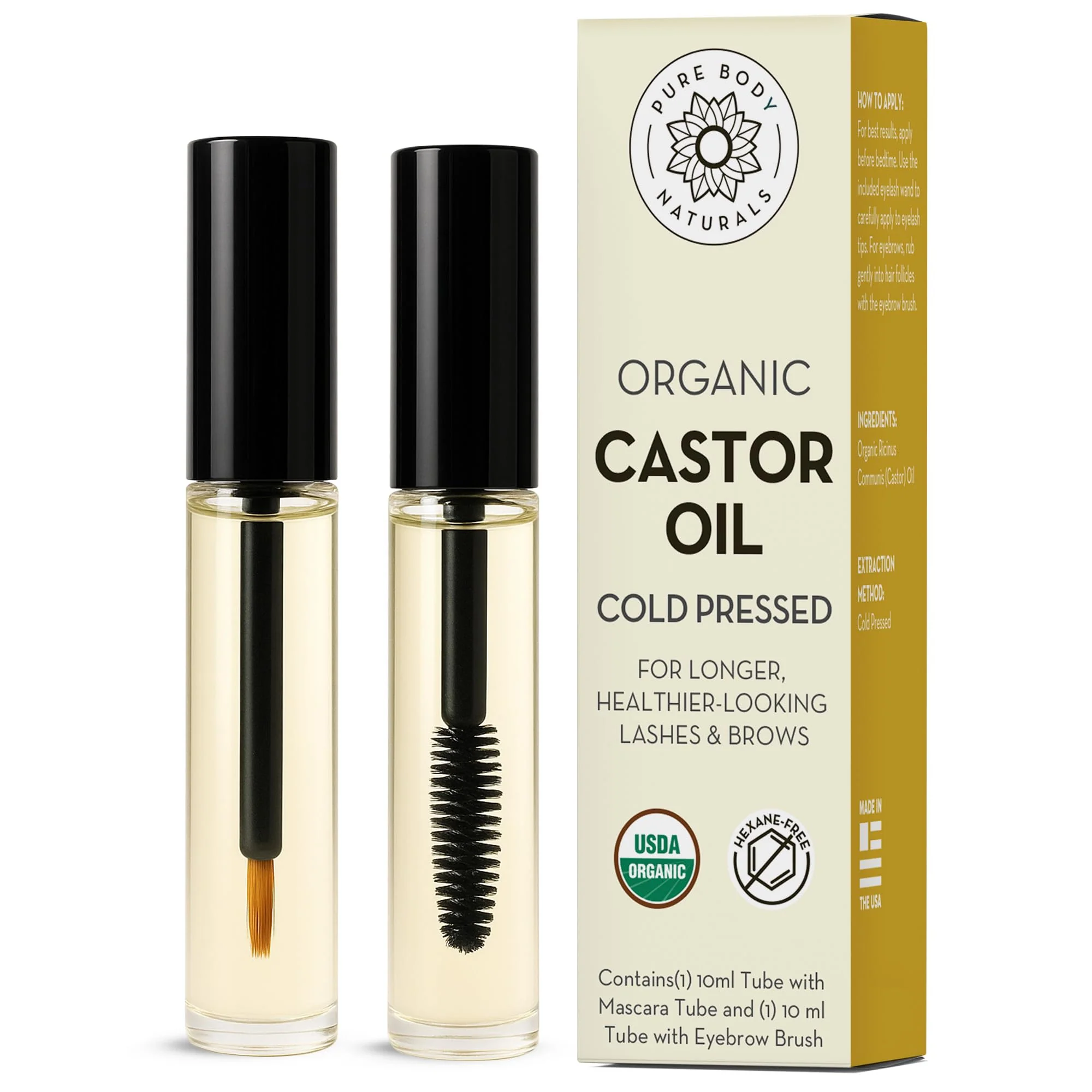 Effective Pure Body Naturals Castor Oil for Eyelashes and Eyebrows - Nourishing Brow Lash Growth Serum - Castor Oil Organic Cold Pressed Hexane - 2 User-Friendly