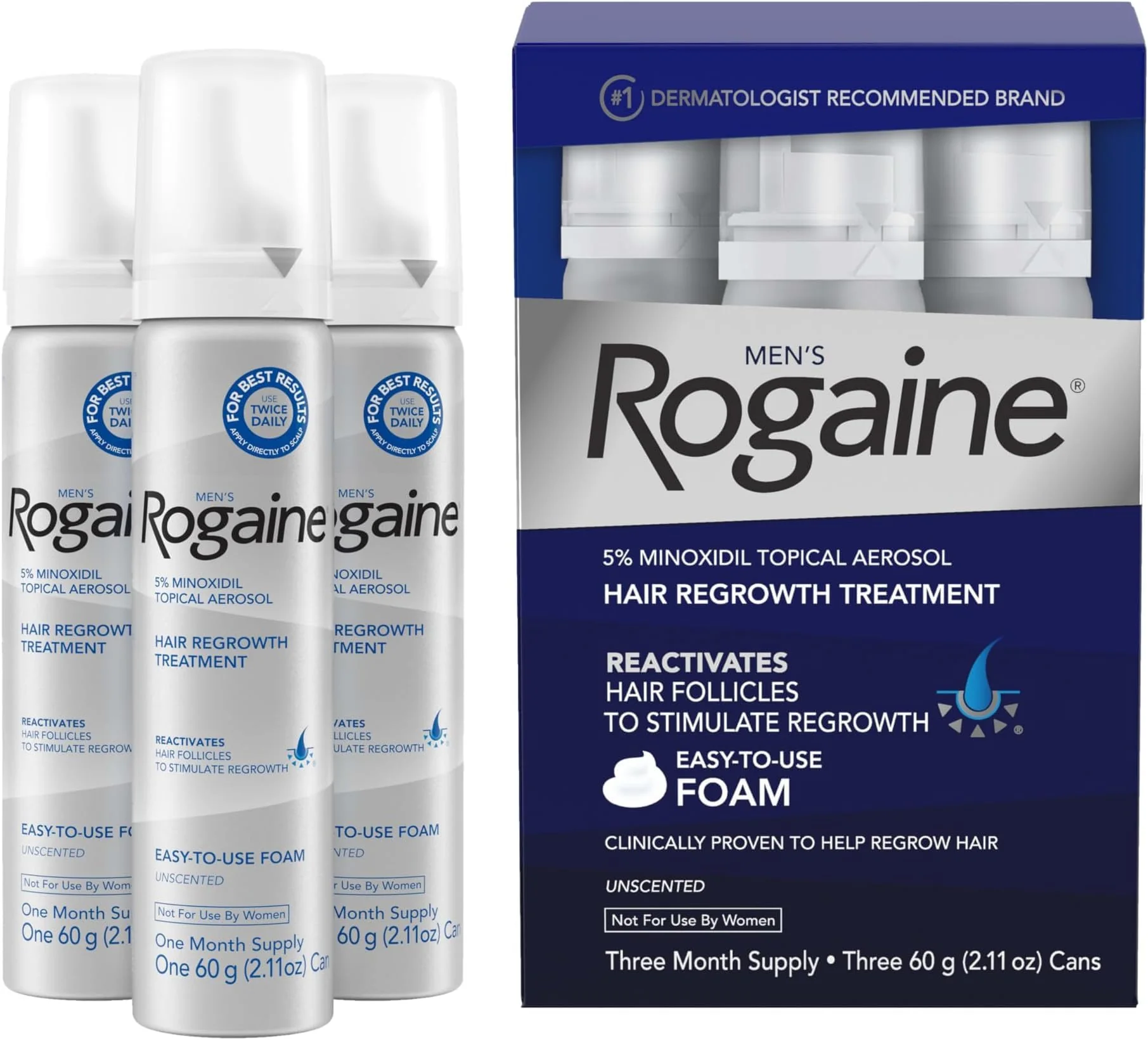 User-Friendly Men's Rogaine 5 Minoxidil Topical Foam Unscented 3 Mo Supply 2.11 Oz Pack of 18 Solid