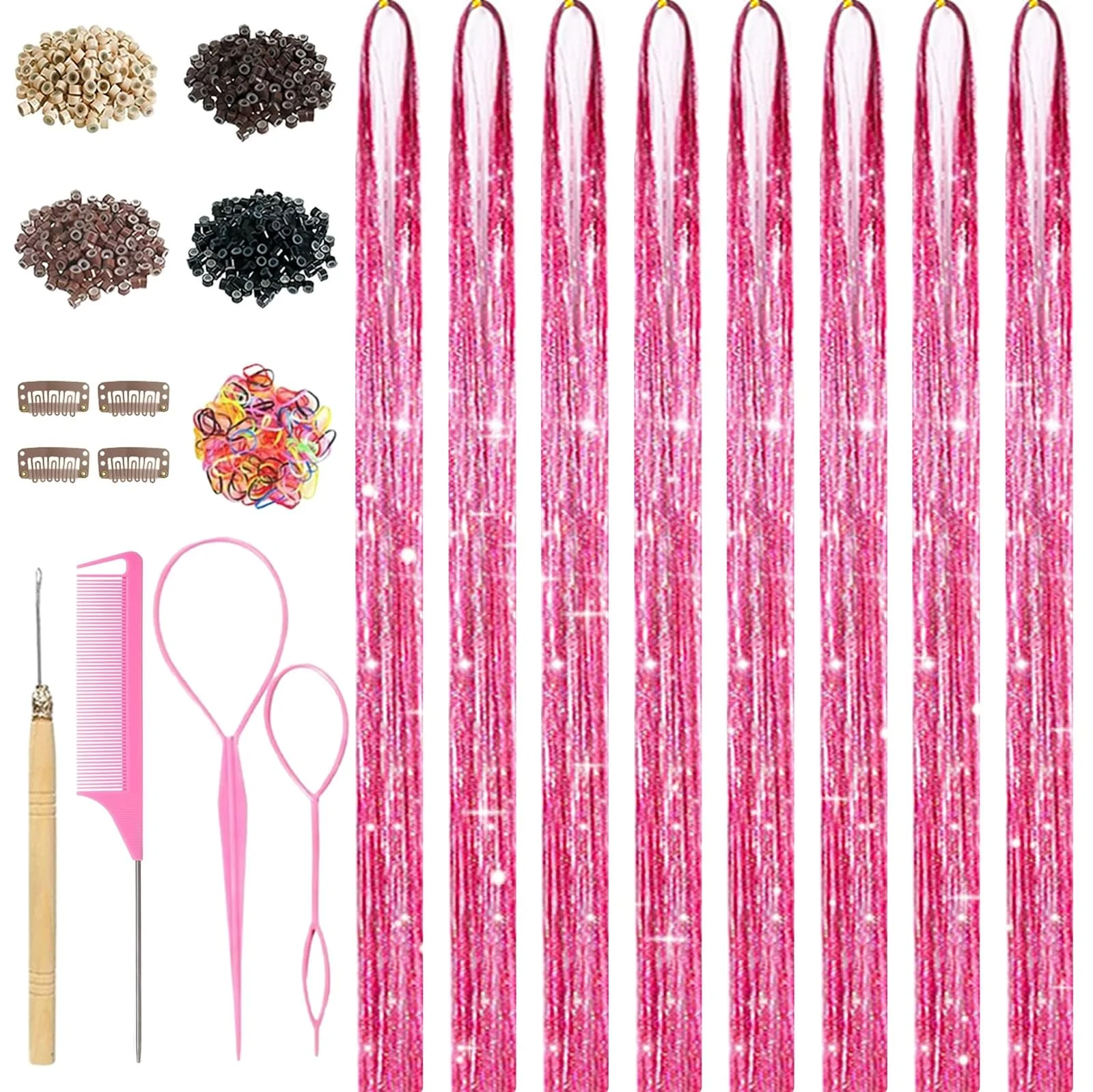 Environmentally Friendly Pink Hair Tinsel 8 Pcs Fairy Hair Tinsel Kit for Girls Women Smart