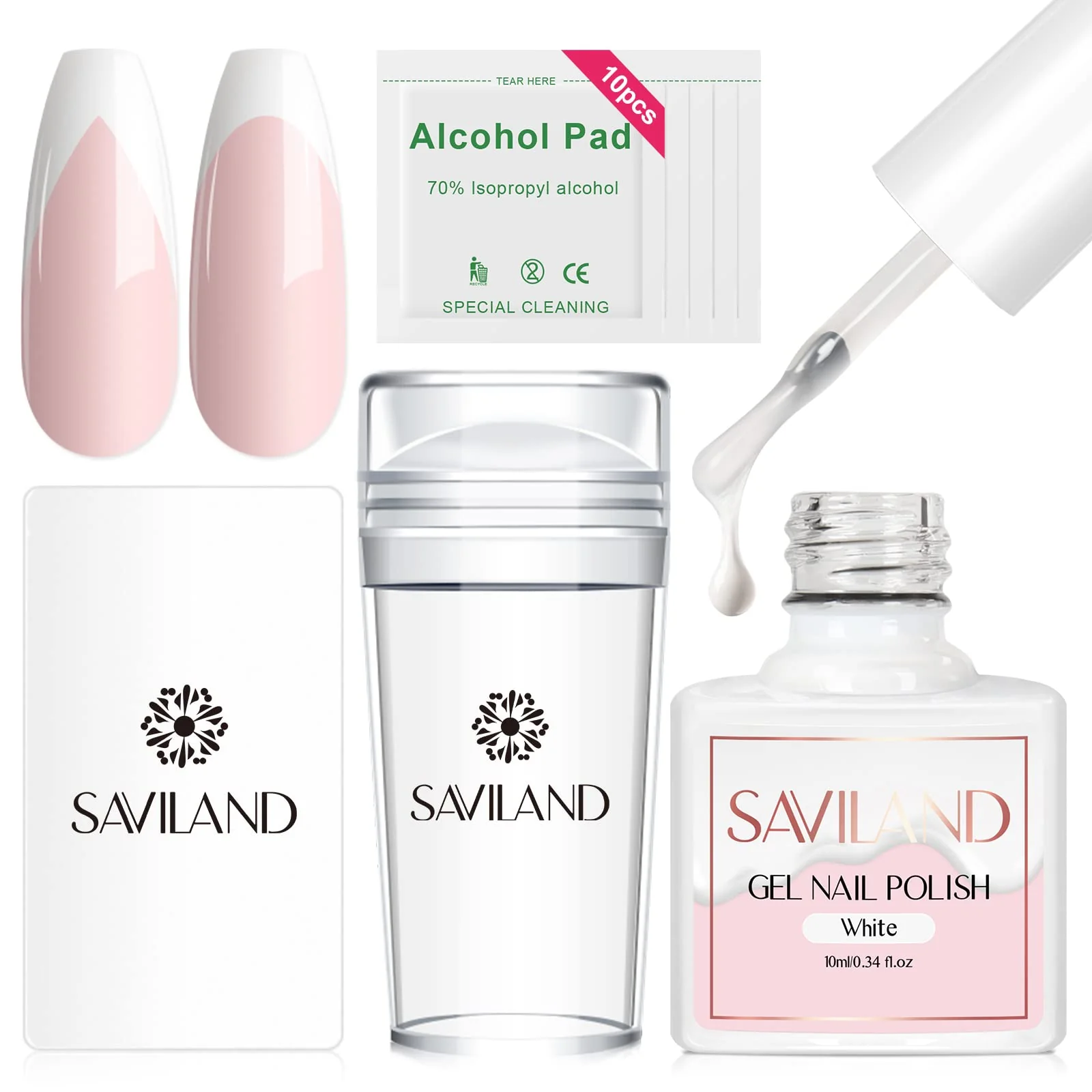 Fashionable Saviland French Manicure Kit French Tip Nail Stamp with White Gel Nail Polish Set Jelly Silicone Nail Stamper Nail Stamper Kit for French Nails Home Eco-Friendly