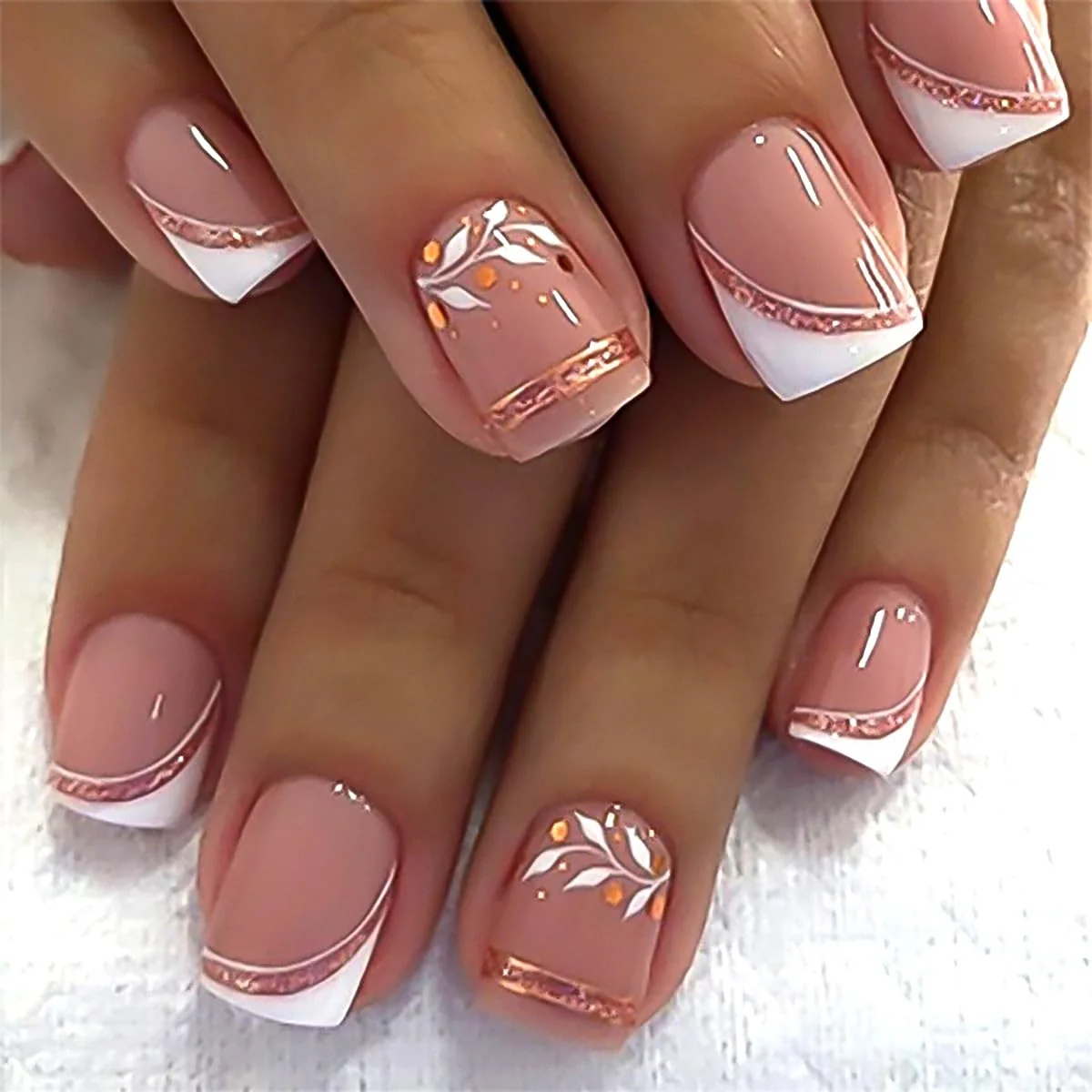 Practical Stbisen French Press On Nails Short Square Nude Fake Nails with White French Tip and Minimalist Purple and Gold Line Design Glossy Gel Acrylic Verified