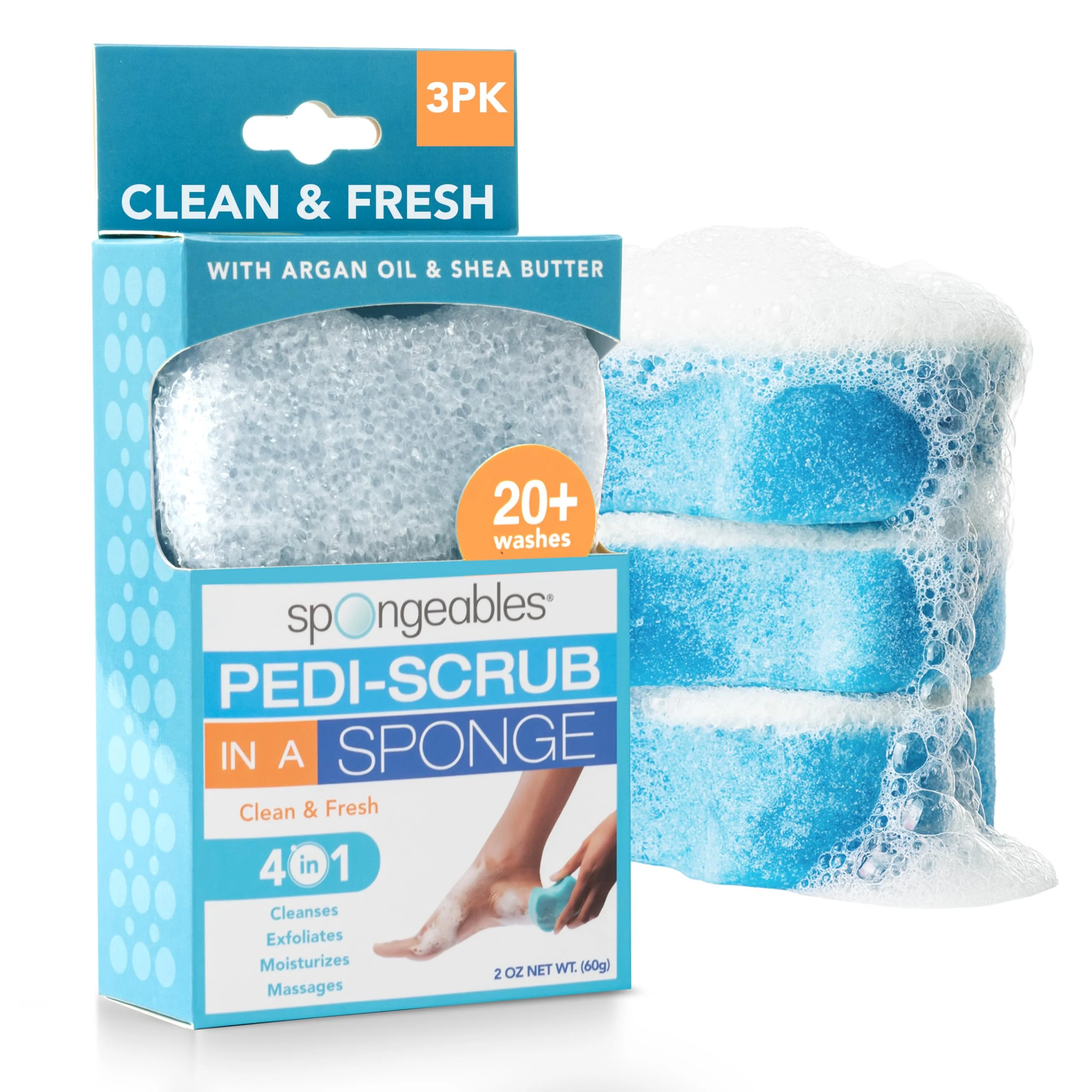 Powerful Spongables Pedi Scrub Foot Exfoliating 20 Wash Sponge Clean Fresh 3 Count Pure