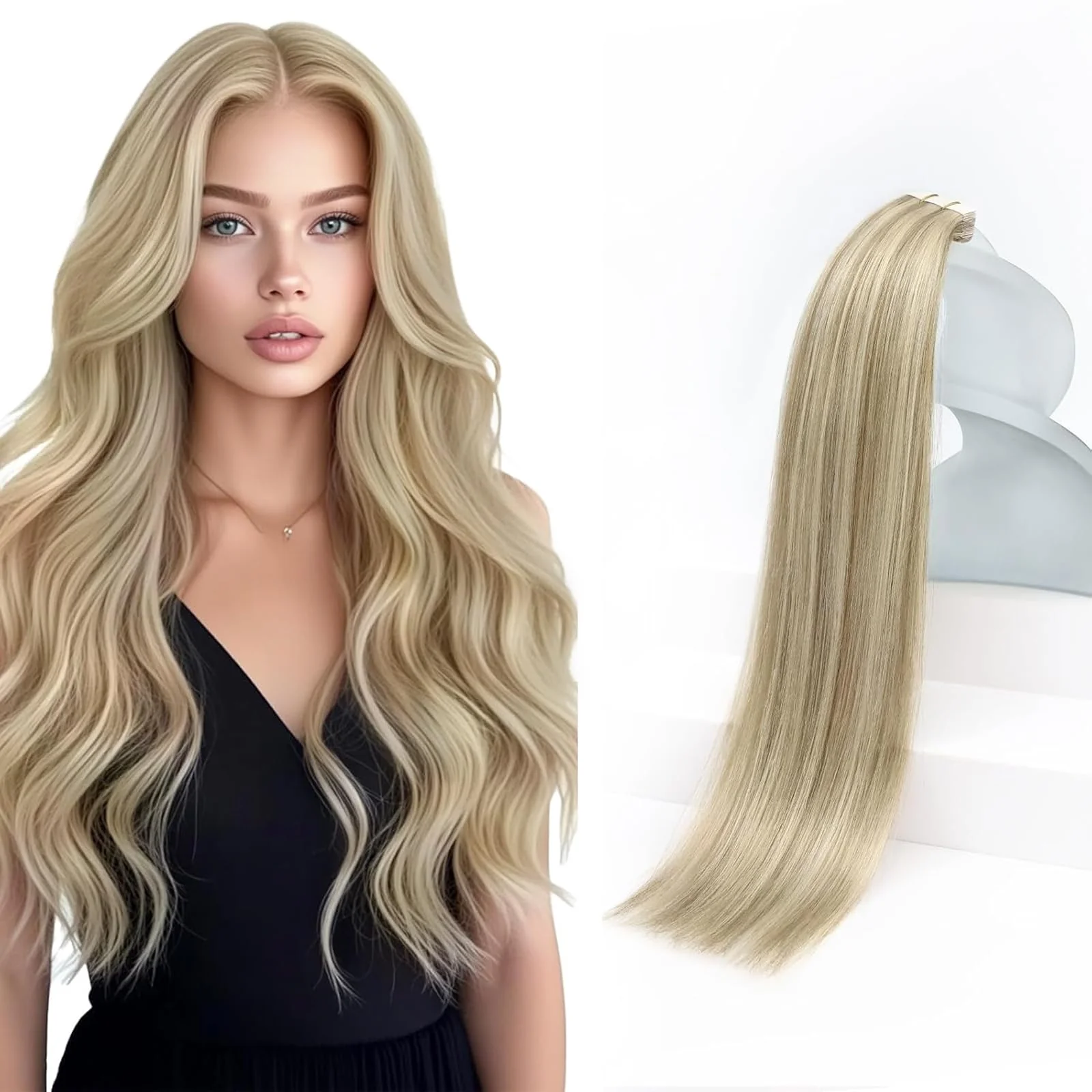 Modern Sunny Hair Tape in Hair Extensions Human Hair Invisible Remy Hair Extensions Tape ins for Women Golden Blonde Highlight Medium Blonde 22 inch Functional