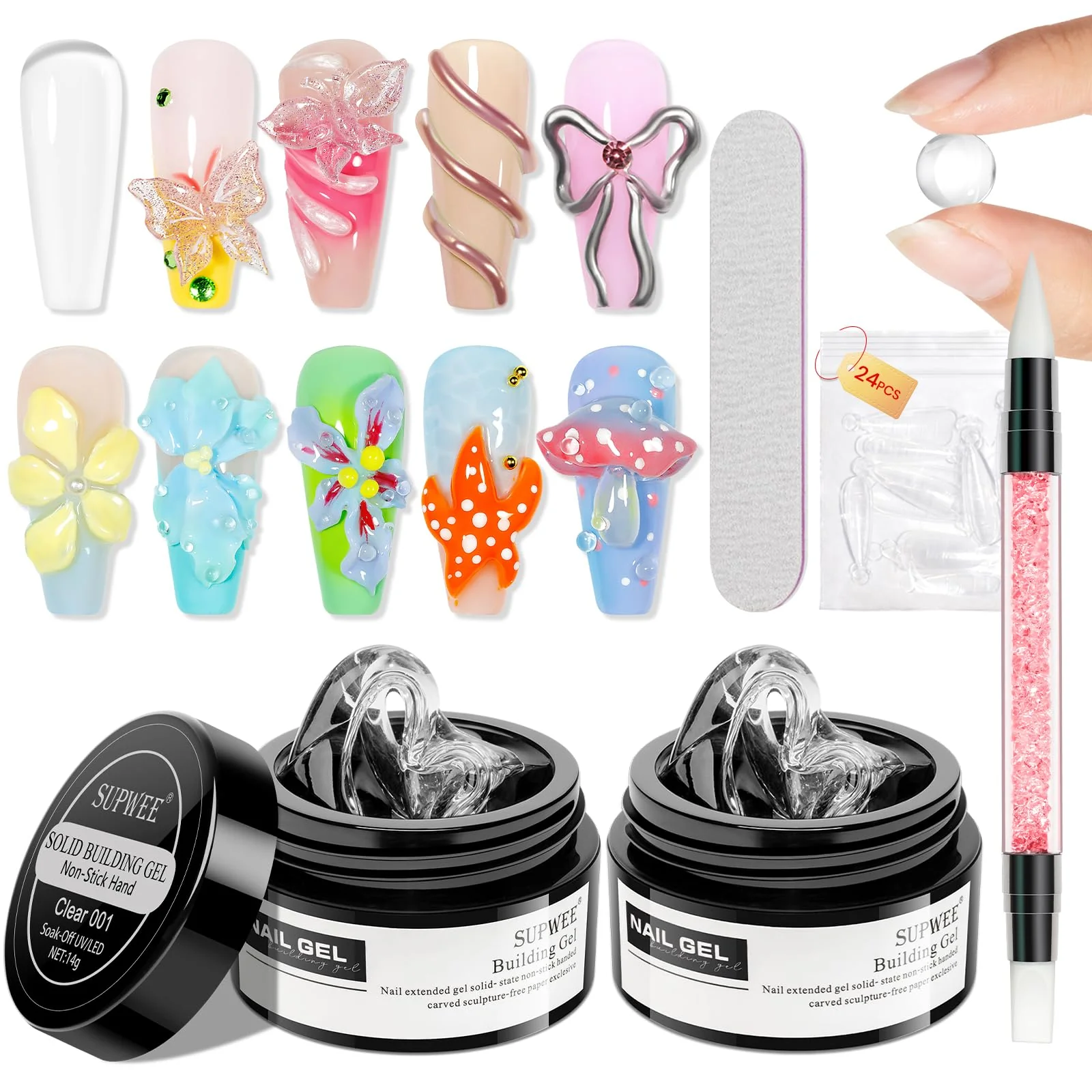 Advanced SUPWEE 2PCS Clear 3D Sculpting Gel Non-Stick Hand Solid Builder 3D Nail Gel Art with Silicone Pen for 3D Modeling Nail Art Home Manicure DIY for Women Unique