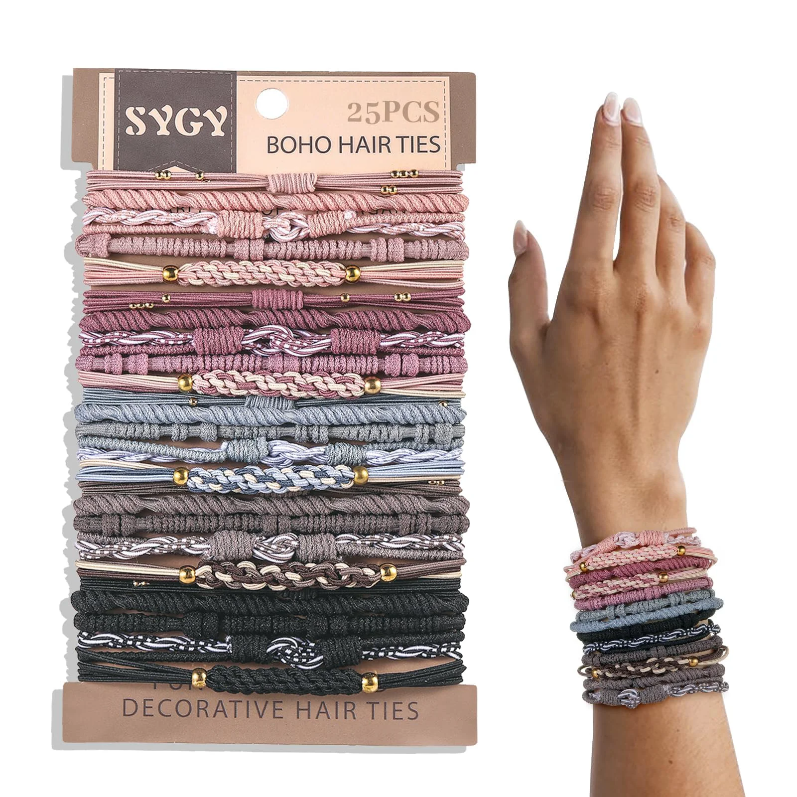 Crafted 25 PCS Boho Hair Ties Bracelets Hair Ties for Thick or Thin Hair 5 Styles Boho Ties for Ponytail Holders 2.36 Hair Ties No-Damage Multicolor Environmentally Friendly