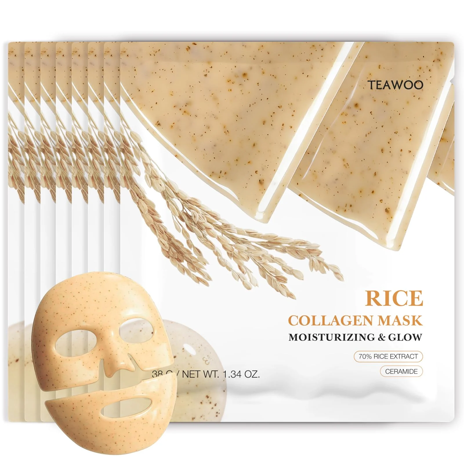 Breathable TEAWOO Rice Deep Collagen Face Mask 38g x 8 EA Moisturizing and Hydrating Overnight Facial Mask Contains Ceramide Collagen for Glass Glow Skin Exceptional
