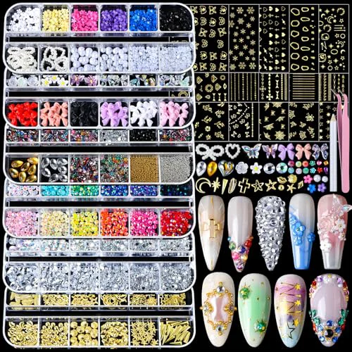 Elegant Teenitor Nail Charms Nail Gems with 15 Sheets Gold Nail Stickers 6 Boxes of Rhinestones for Nails Art Tools 3D Nail Decals Pearls for Nails Fast