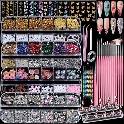 Premium Teenitor 4 Boxes Nail Charms and Gems Set Nail Rhinestones Nail Kit with Nail Art Brushes Nail Stand Nail Gems Nail Design Tools with 15pcs Nail Functional