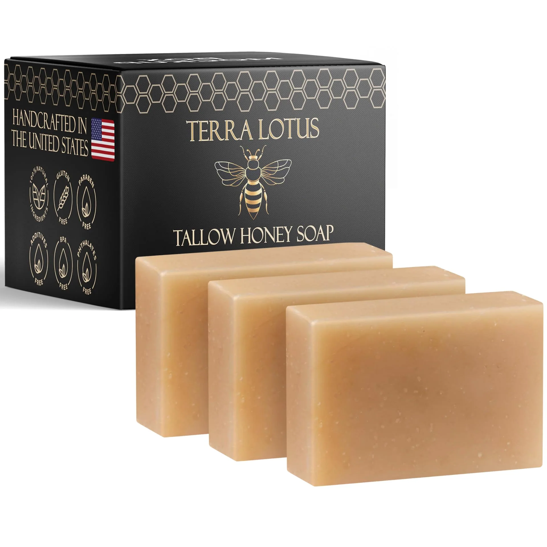 Prestigious Terra Lotus - Organic Tallow Soap with Organic Castor Oil Raw Honey - Hydrating Nourishing - 3 Pack Unscented Official