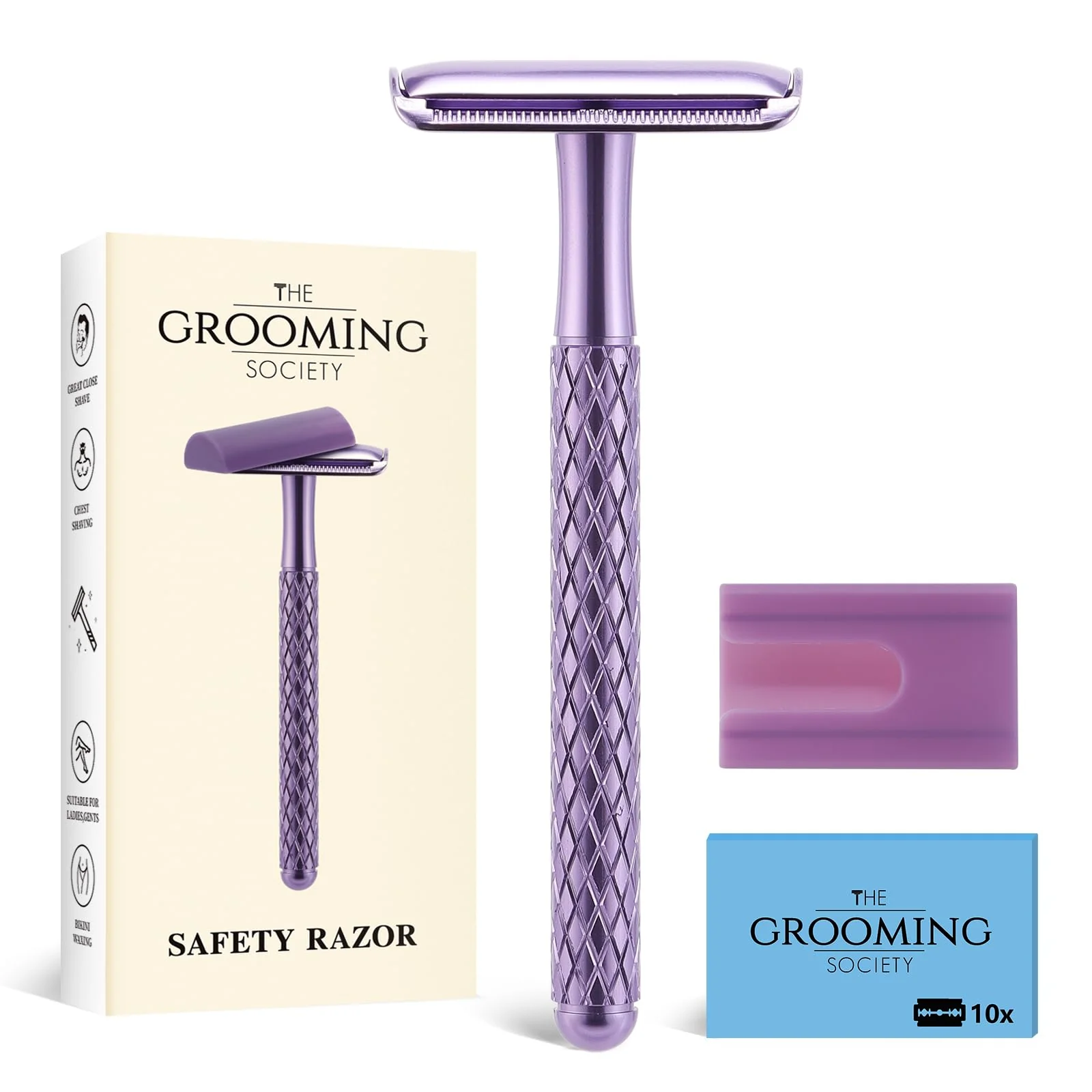 High-Grade The Grooming Society Double Edge Safety Razor for Women Purple with 10 Blades and Silicone Cover - Durable Metal Eco-Friendly Single Blade Razor Relaxed