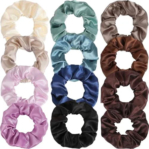 Practical 12 Pcs Satin Silk Scrunchies - Soft Hair Ties for Women Girls Thick Elastic Ponytail Holders Hair Bands Wrist Bracelets Assorted Colors Selected