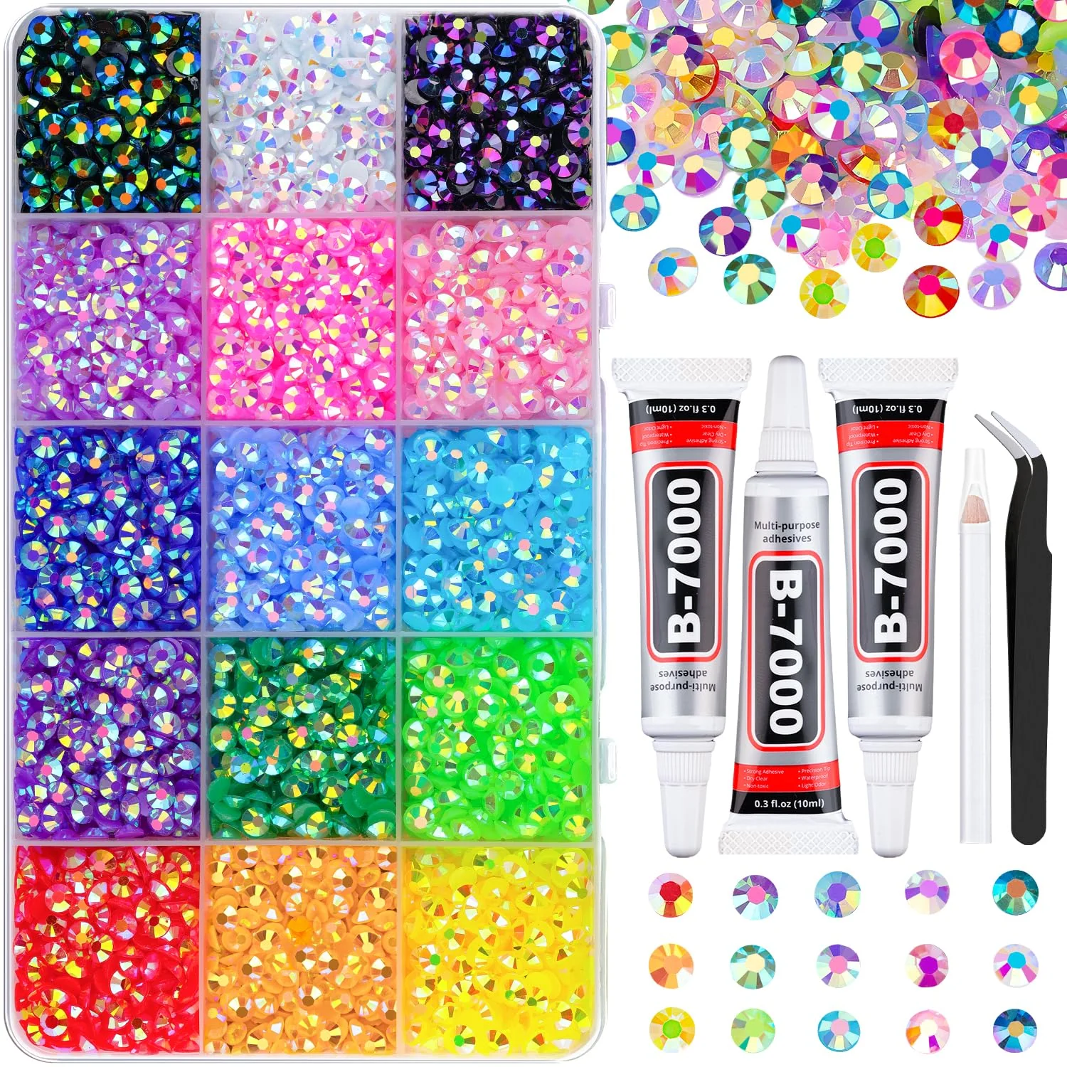 Organic 5200Pcs Resin Jelly Rhinestones for Crafting Mixed-Color 5mm Flatback Gems Bedazzling Crystal with 3Pcs 10ml B7000 Jewelry Glue for DIY Crafts Soft