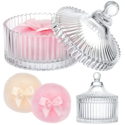Fashionable Tioncy 3 Pcs Large Body Powder Puff and Container Valentine's Day gift Powder Container with Puff Crystal Case Soft Washable Reusable Velour Face Body First-Class