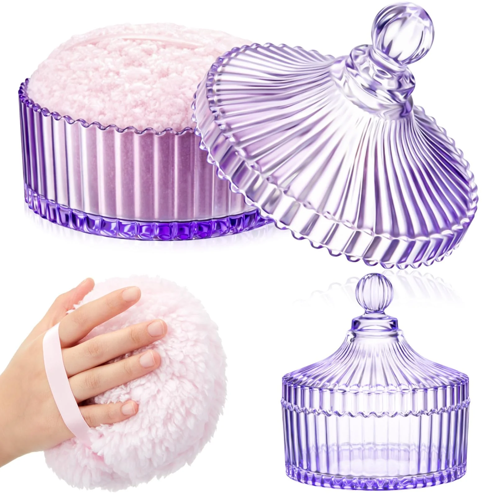 Fashionable Tioncy 2 Pcs Extra Large Dusting Powder Puff and Container for Women-6'' Glass Crystal Dusting Powder Container with Body Soft Washable Reusable Certified