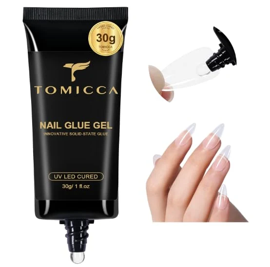Safe TOMICCA 4 In 1 Gel Nail Glue 30g UV Nail Glue for Press ons Semi Solid Nail Gel Glue Strong Nail Glue on Nails Tips for Fake Acrylic Nails Extension Easy-to-Use
