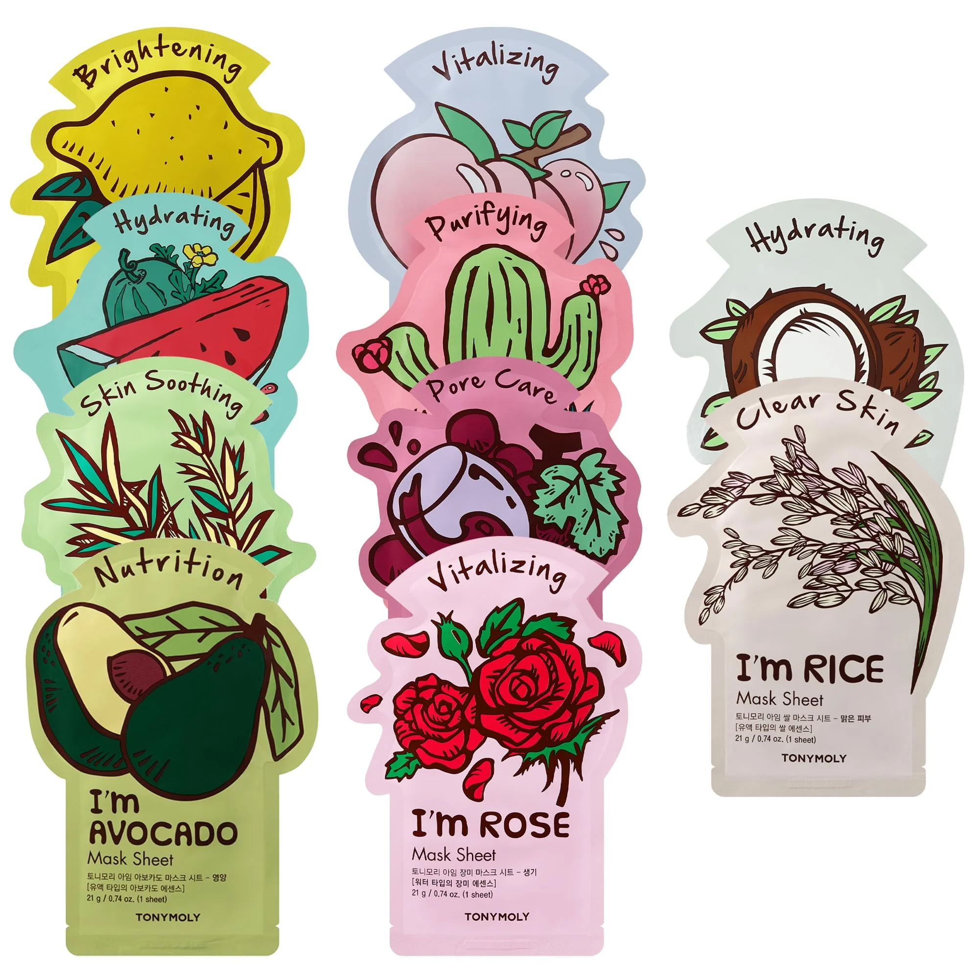 Solid TONYMOLY I m Sheet Mask Gift Set - Korean Face Mask Variety Pack with Hydrating Vitamin Essences 10 Pack Green