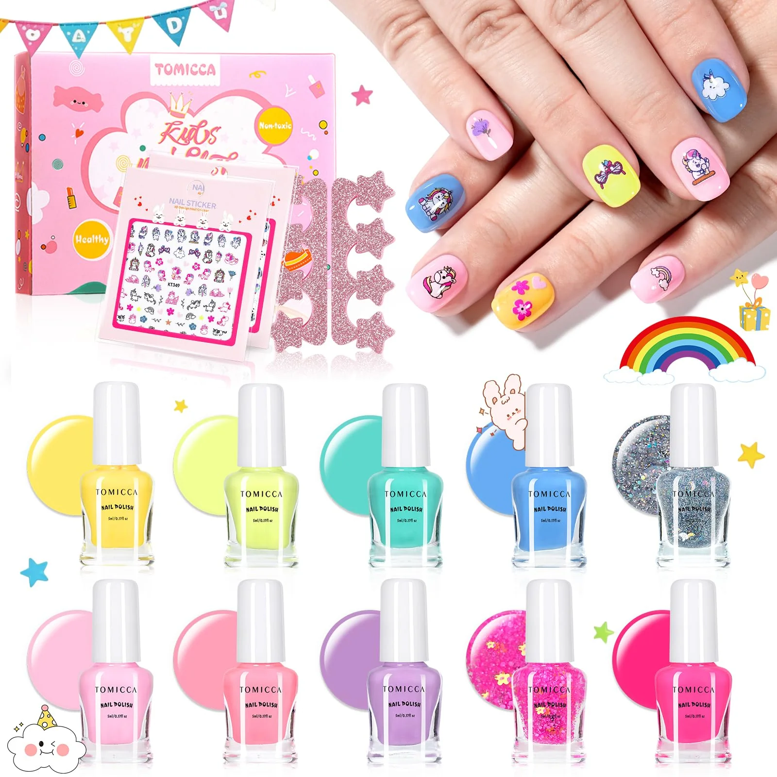 Convenient TOMICCA Nail Polish Sets for Kid 12 Bottles Candy Rainbow Colors Quick Dry Non Toxic Water Based Peel Off with Nail Separator Sticker Kit Long Exceptional