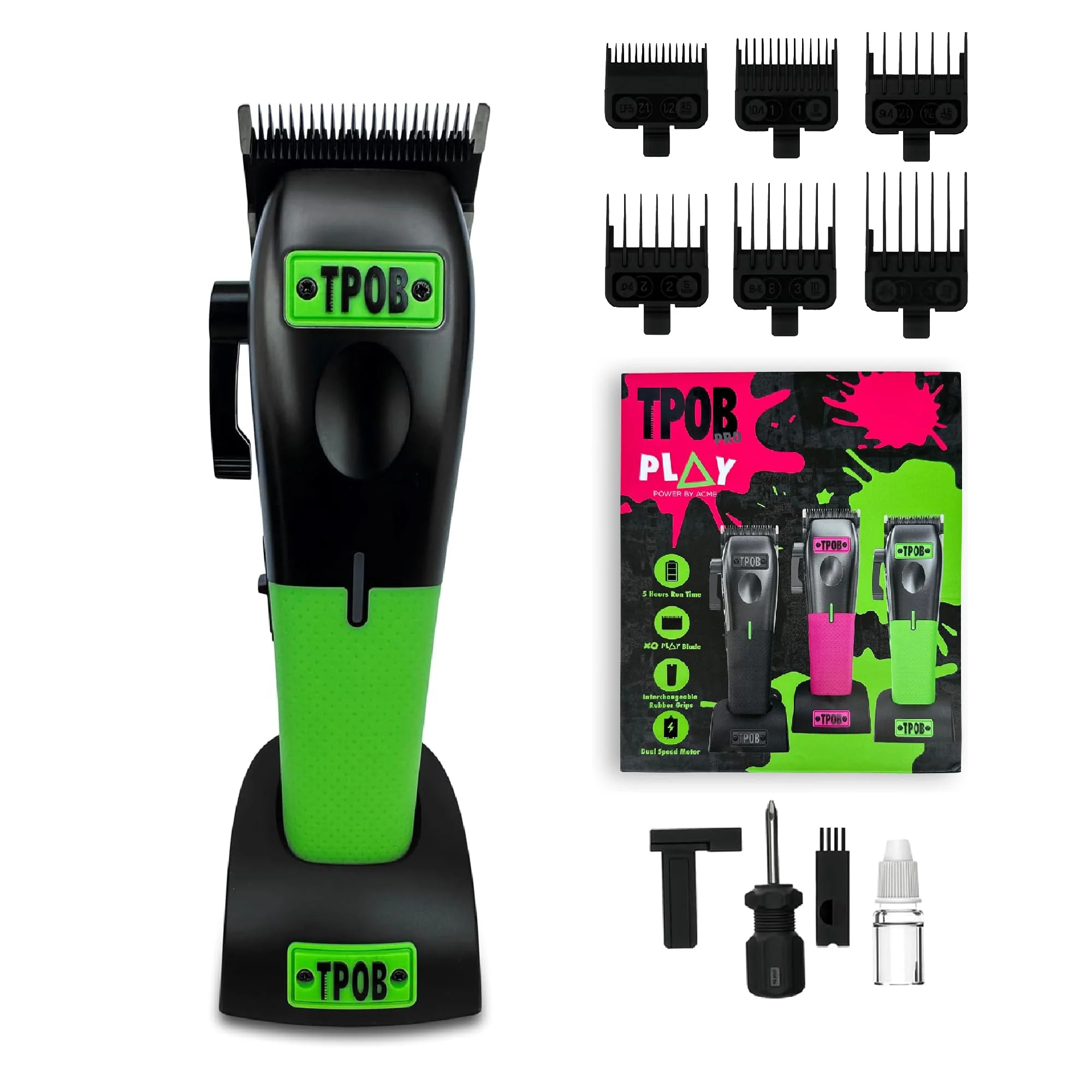 Certified TPOB Play Barber Hair Clippers for Men 7500 RPM with Rubber Grips Black Green Pink Pure