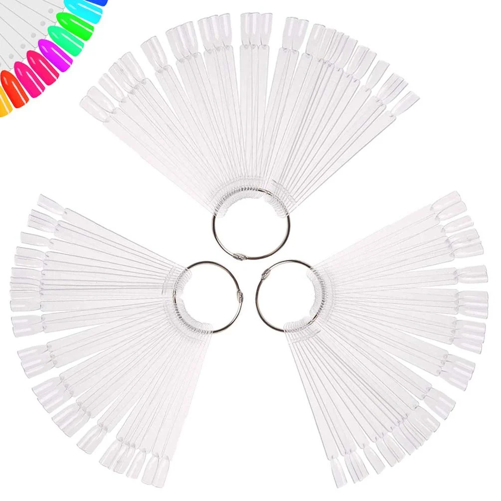 Convenient 150 Pcs Clear Nail Swatch Sticks with Ring Fan Shape Nail Art Polish Display Tips False Nail Sample Sticks Nail Practice Color Display Transparent Reusable