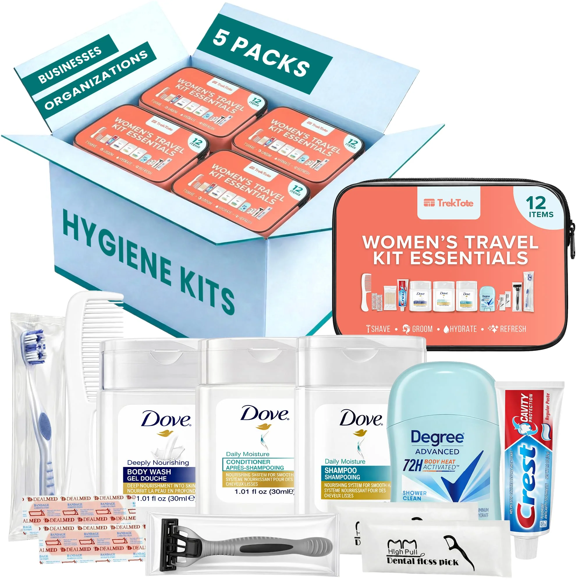 Environmentally Friendly TrekTote 5 Pack Women s Bulk Hygiene Kits - 12-Piece Premium Brand-Name Travel Size Toiletries TSA Compliant Pre-Assembled for Shelters Schools Exceptional
