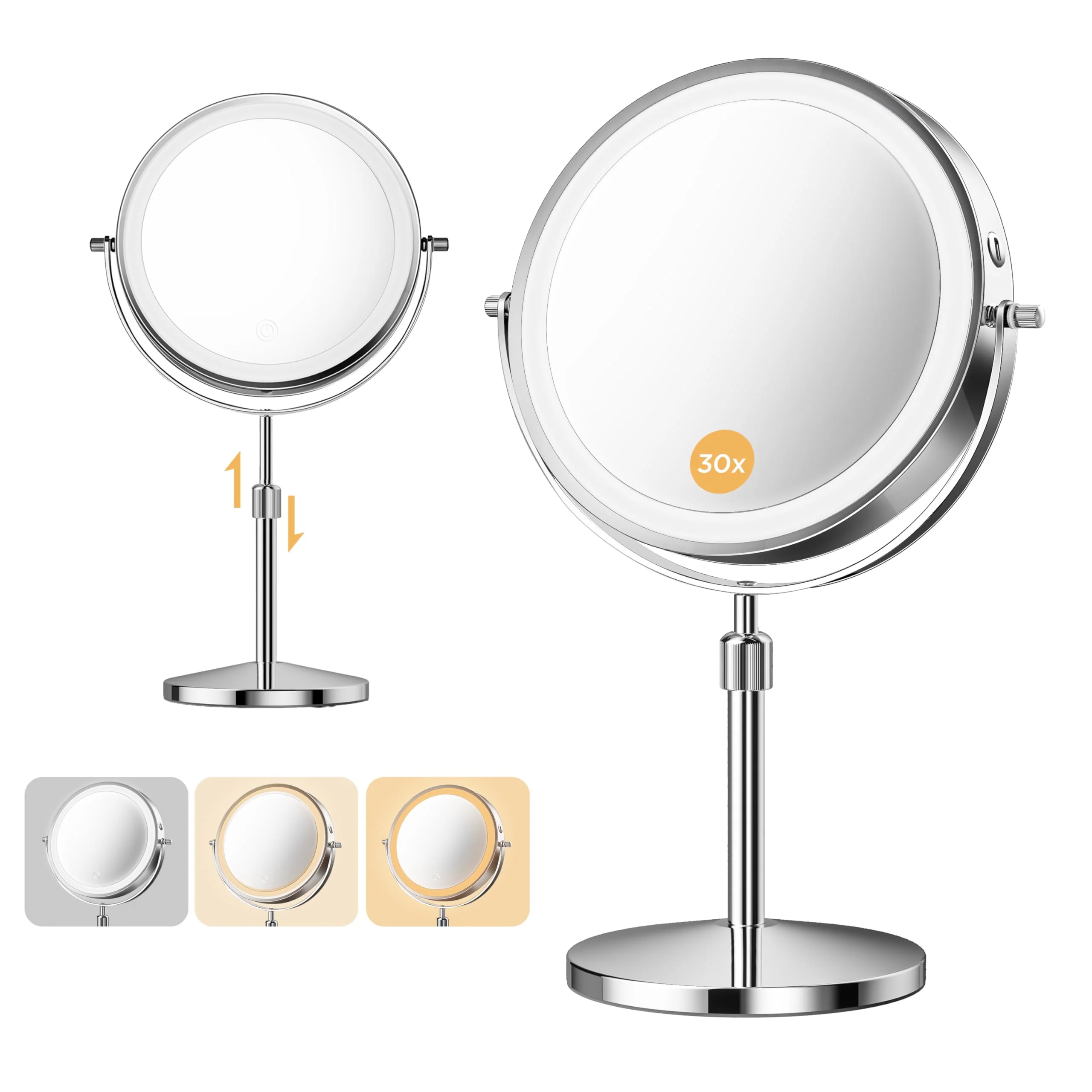 Powerful tubbede Makeup Mirror 1X 30X Double Sided Magnifying Mirror with 3 Colors 3200 mAh Rechargeable Vanity Mirror with 360° Rotation Brightness Advanced