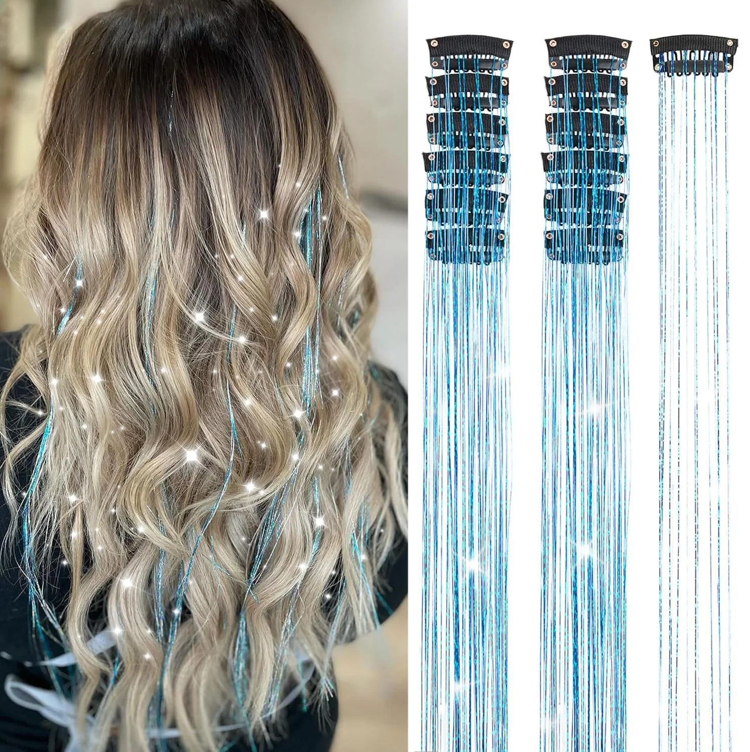 Premium Sky Blue Hair Tinsel Packs of 6Pcs Clip in Tinsel Hair Extensions 20.5 Inch Heat Resistant Fairy Hair Tinsel Kit for Women Girls Glitter Hair Fast