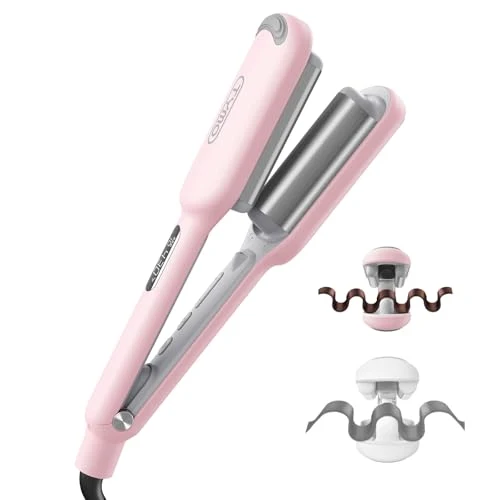 Original Design Curling Iron Hair Crimper Waver - TYMO ROVY Beach Waves Curling Wand Ionic Deep Waver Hair Curler Tool with Ceramic 3 Barrel for Women Dual Voltage Comfortable