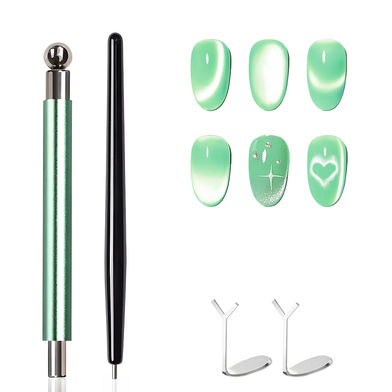 High-Performance uadbau 4-Piece Cat Eye Magnet Set - Green Dual-Ended Nail Magnet With Round Bead Heart Nail Magnets for Nail Art and Black Magnetic Bead-Pickup Pen High-End