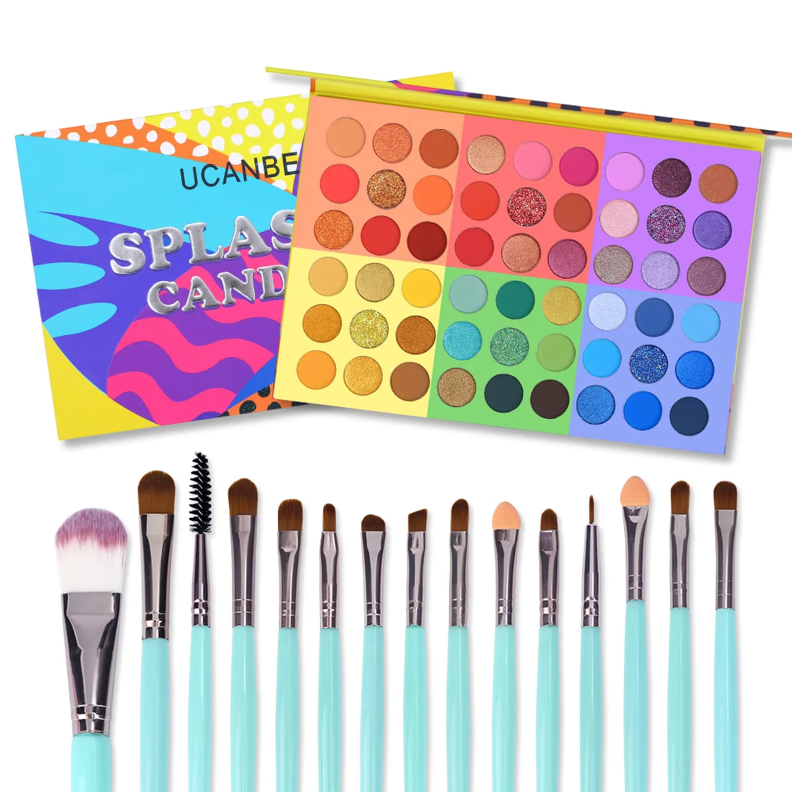 Fashionable UCANBE 54 Colors Splashy Candies Eyeshadow Palette 15pcs Makeup Brush Set Highly Pigment Matte Metallic Shimmer Glitter Eye Shadow Bright Color Enhanced