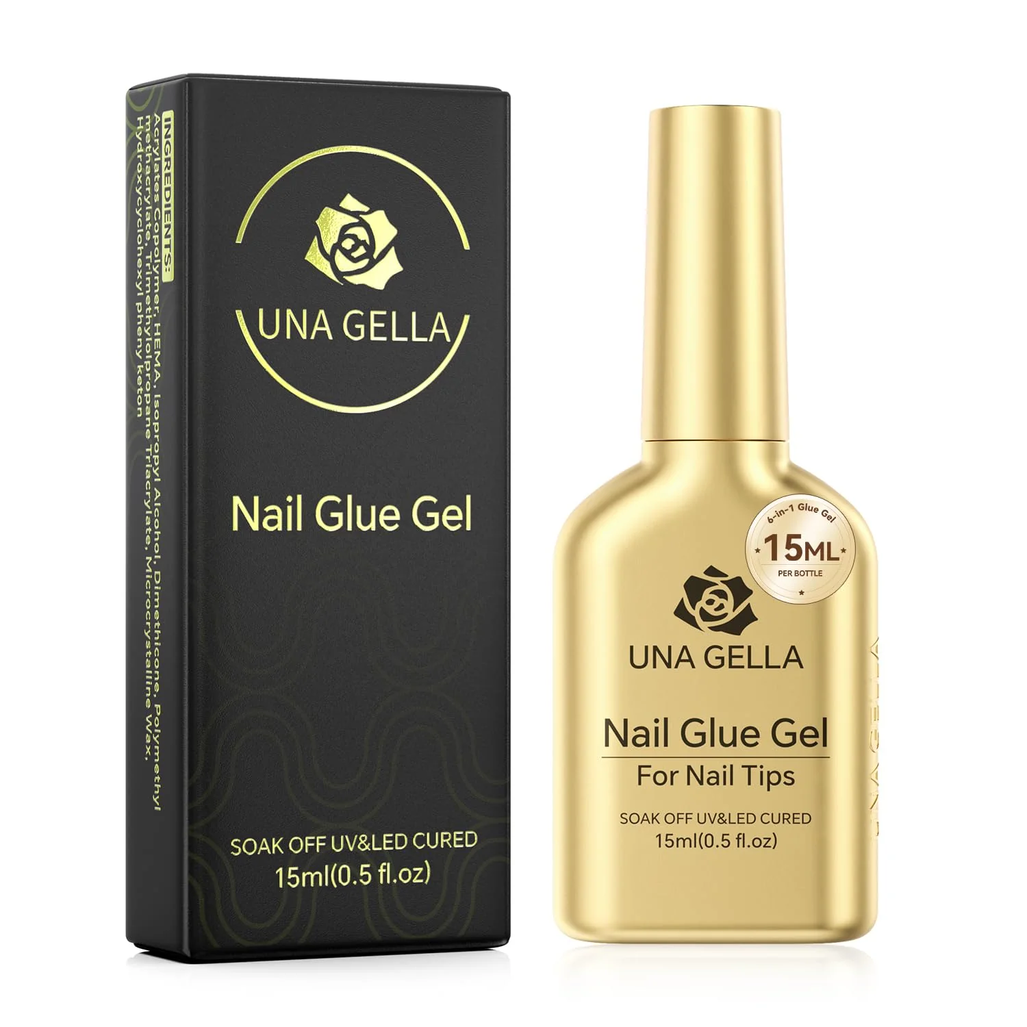Convenient UNA GELLA 6 in 1 Gel Nail Glue for Clear Acrylic Nails Tips 15ml U V Nail Glue Long Lasting Super Strong Brush for Base Coat Clear Fake Nails Prestigious