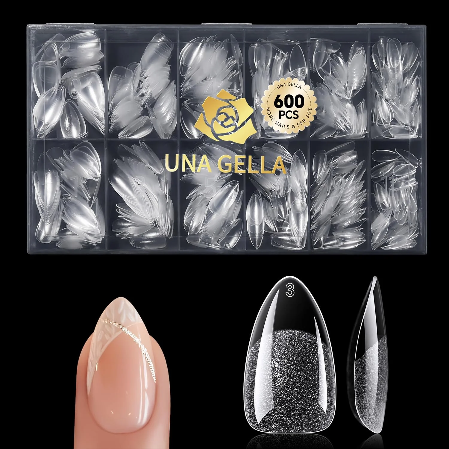 Recyclable UNA GELLA Short Almond Gel Nail Tips 600 Pcs Pre-Filed Short Nail Tips Almond Shape Half Matte Press On Nails 12 Sizes Full Cover Clear Fake Nails Premium
