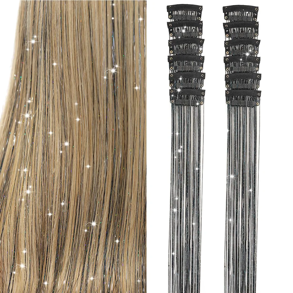 Flexible Umylar Clip in Hair Tinsel Kit Pack of 12 Pcs 20 Inch Colorful Glitter Tinsel Hair Extensions Festival Gift Tinsel Fairy Hair Extension Party Dazzle Trendy