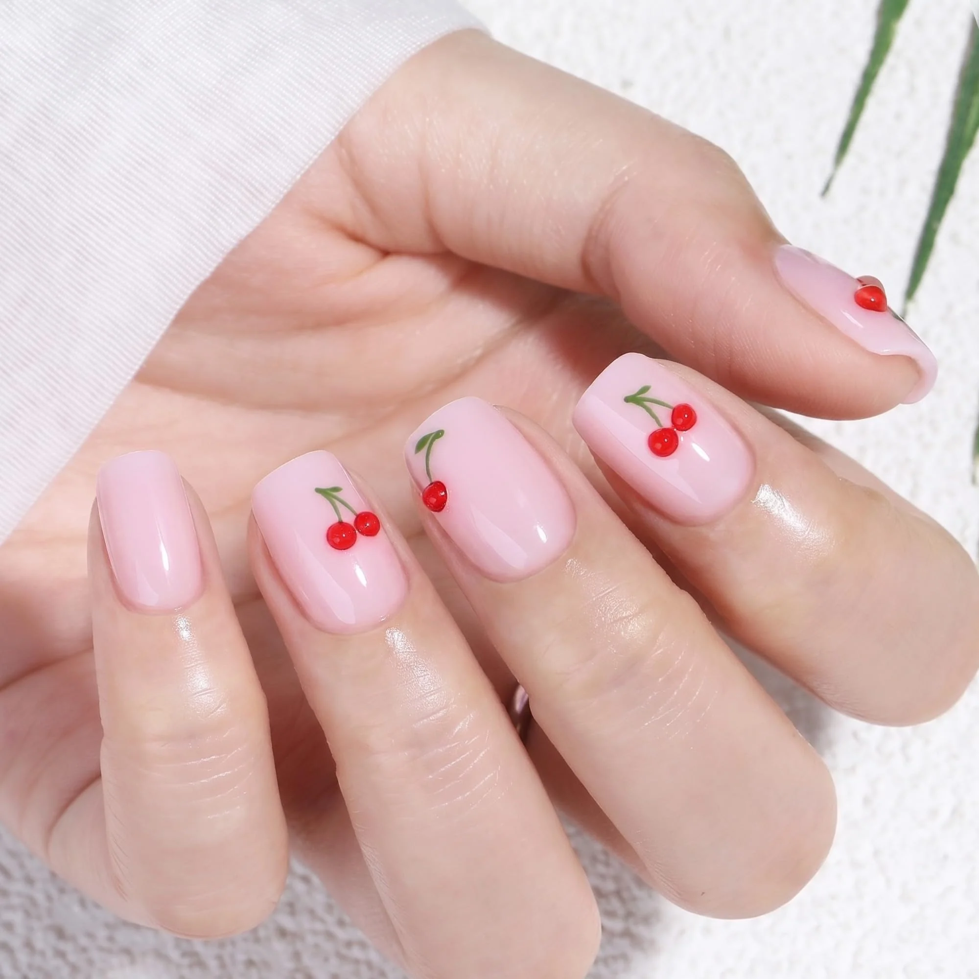 User-Friendly UNA GELLA Short Square Press On Nails Soft Gel - 32Pcs 16 Sizes Milky Pink Base Cherry Fake Nails with Glue and Adhesive Tabs Reusable Glue On Nails Fast