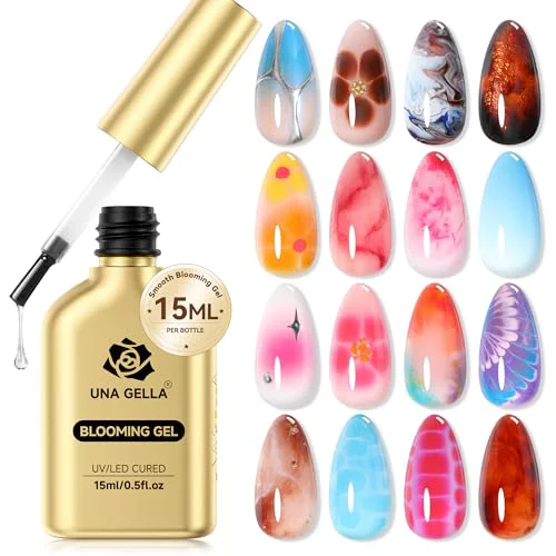Premium Material UNA GELLA Blooming Gel Nail Polish 15ml Super Clear for Spreading Effect U V LED Needed Nail Blooming Gel for Marble Natural Stone Floral Print Easy-to-Use